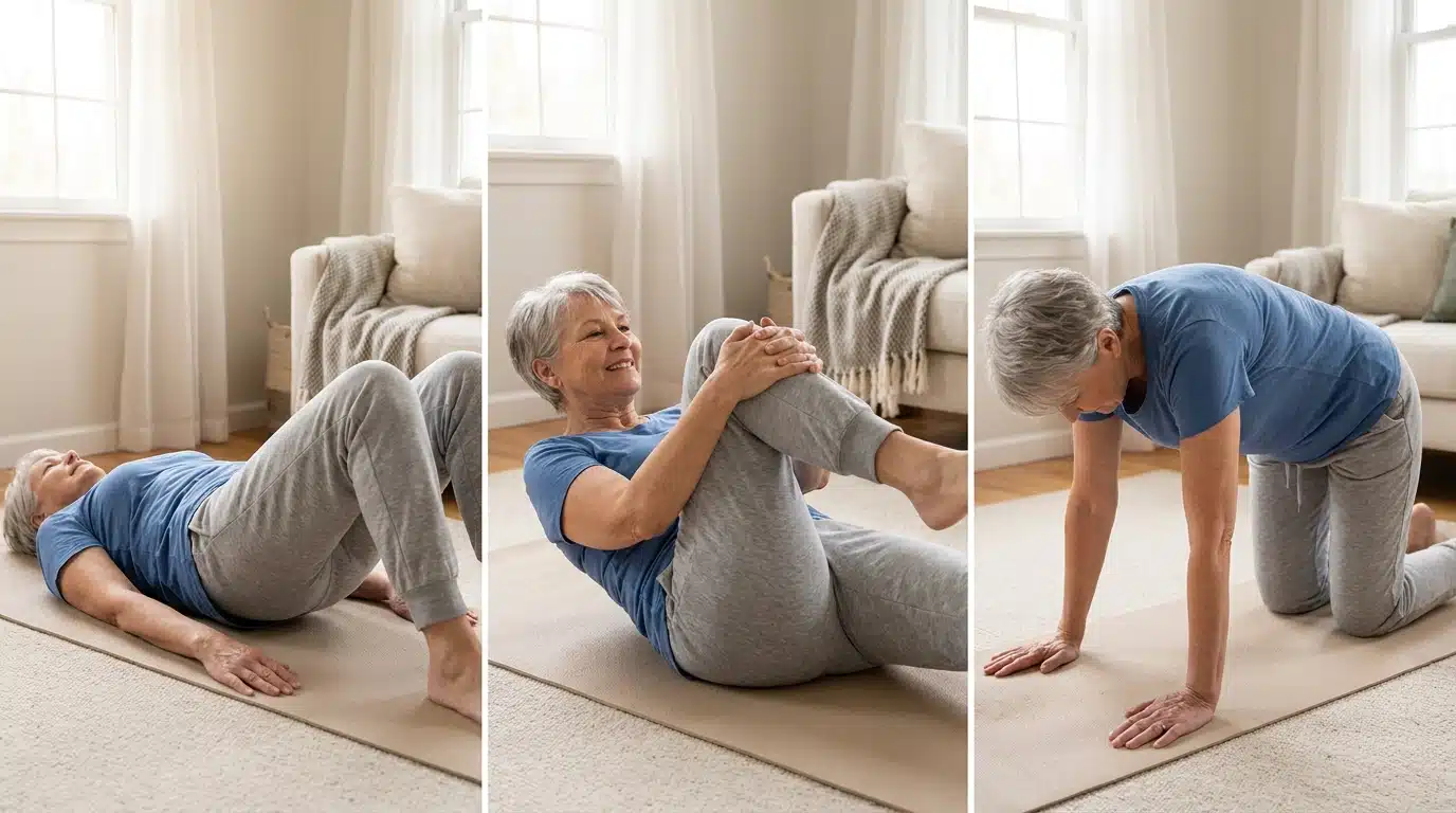 Older woman performing gentle mobility exercises for spinal stenosis on a yoga mat.