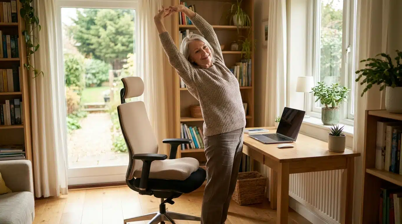 Older woman stretching during a work break in a home office to support spinal mobility.