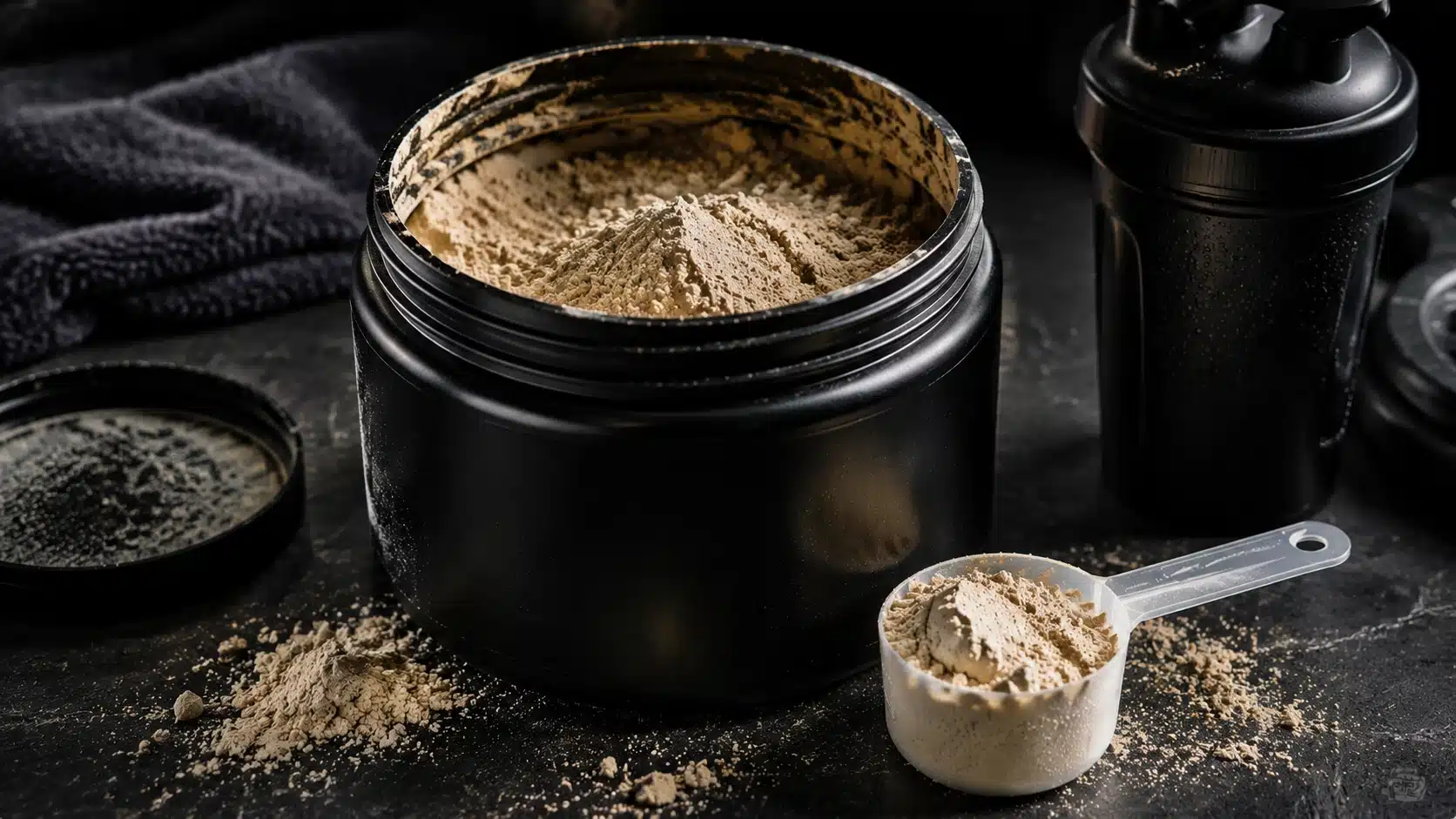 Open pre workout container with powder and shaker showing signs to inspect before use.