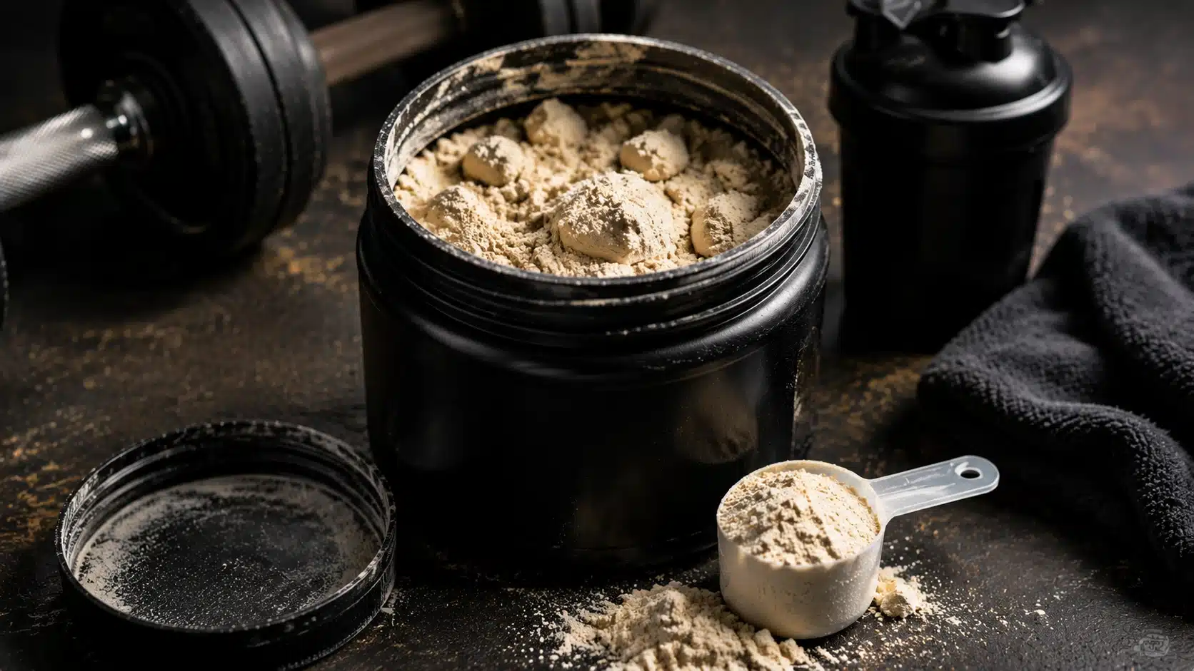 Open pre workout tub showing aged powder and scoop with texture changes after expiration.