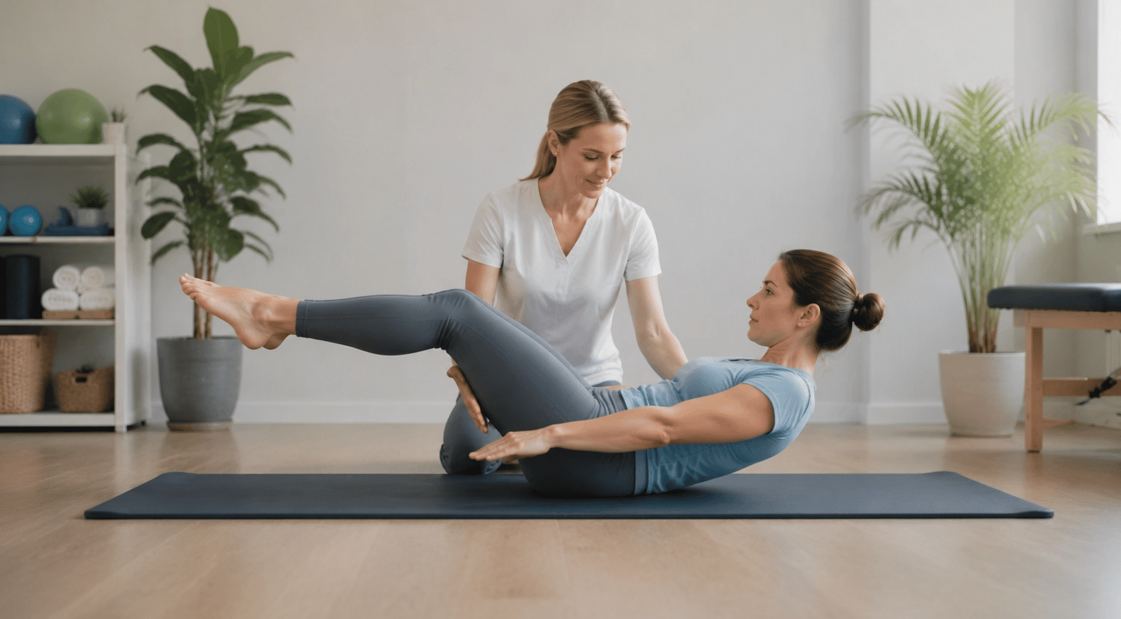 Patient performing Clinical Pilates exercise on a mat with guidance from a physical therapist in a bright rehabilitation studio.