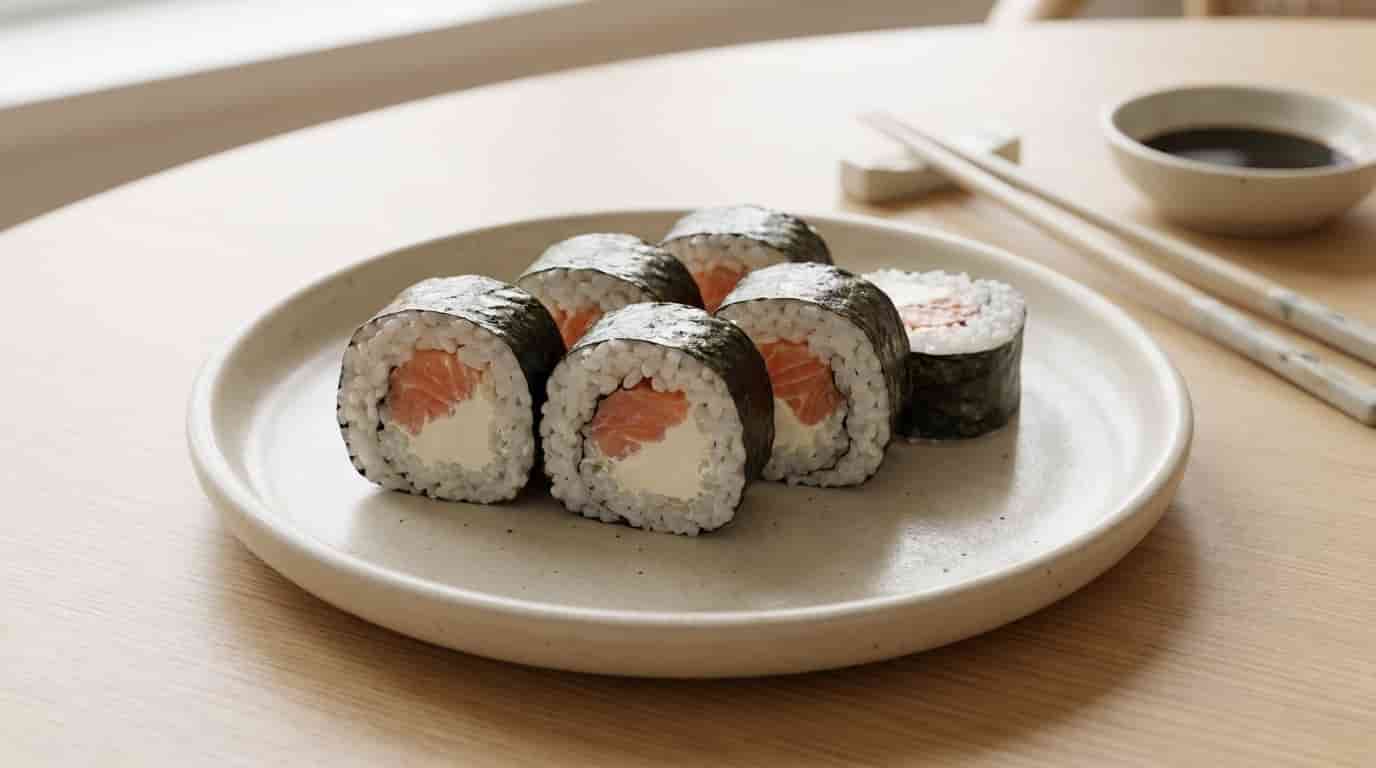 Philadelphia sushi roll pieces with salmon, cream cheese, rice, and nori on a plate.