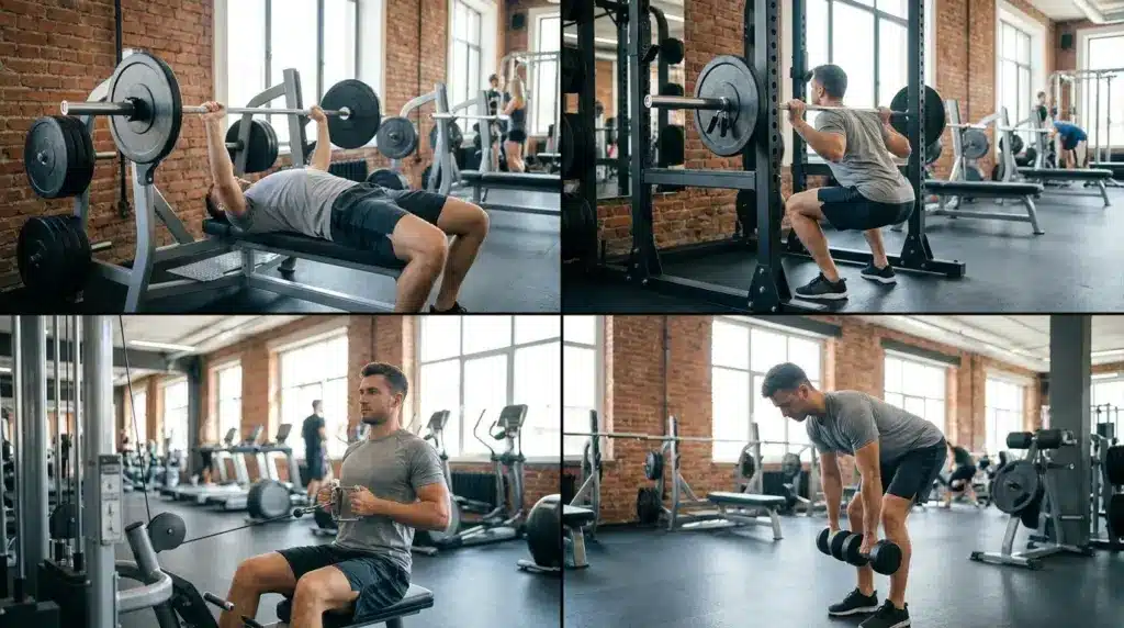A four panel image of man performing PHUL workout exercises including bench press, squat, rows, and deadlifts in a modern gym.
