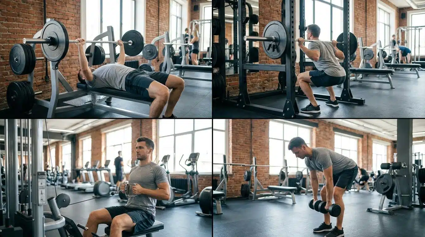A four panel image of man performing PHUL workout exercises including bench press, squat, rows, and deadlifts in a modern gym.