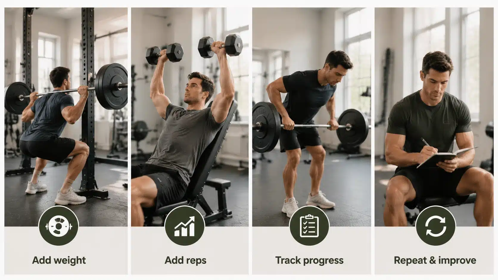 PHUL workout progression infographic showing weight increases, reps, tracking progress, and consistent training improvements.