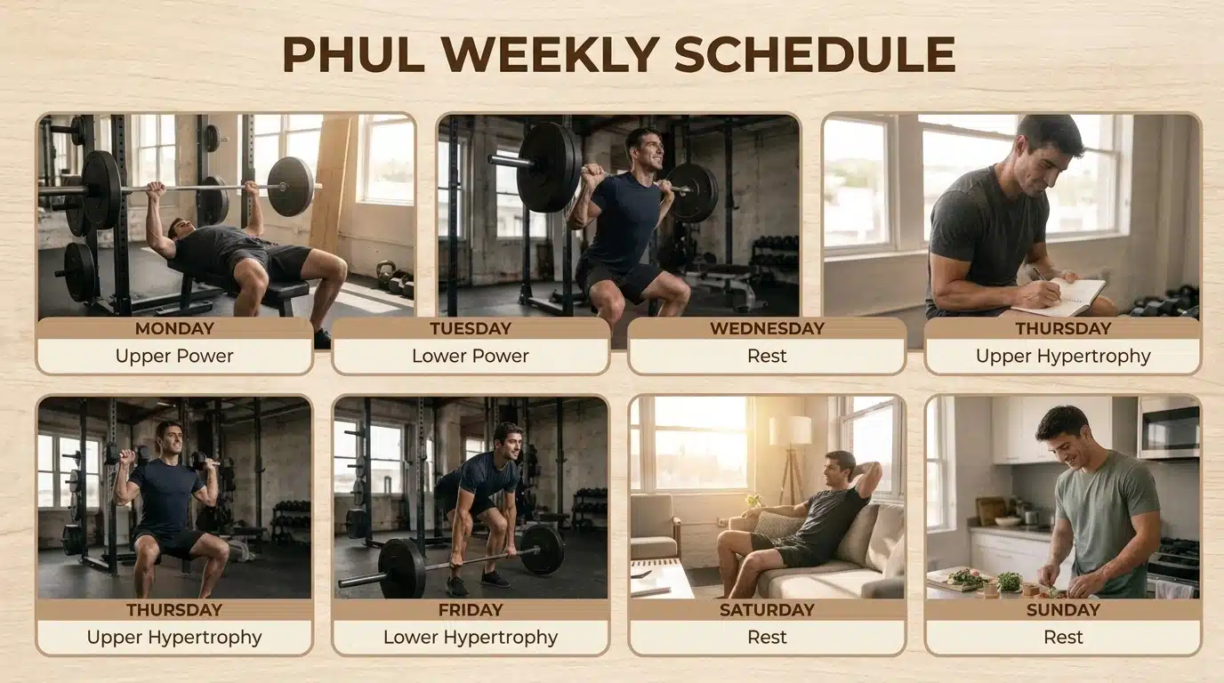 PHUL workout weekly schedule infographic with realistic gym scenes for power, hypertrophy, and rest days.
