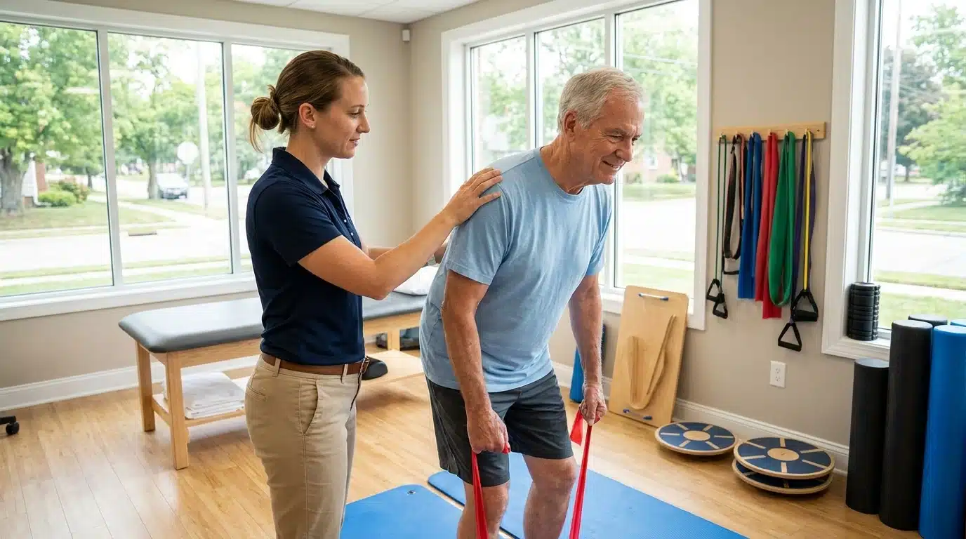 Physical therapist guiding an older adult through posture and movement training techniques.