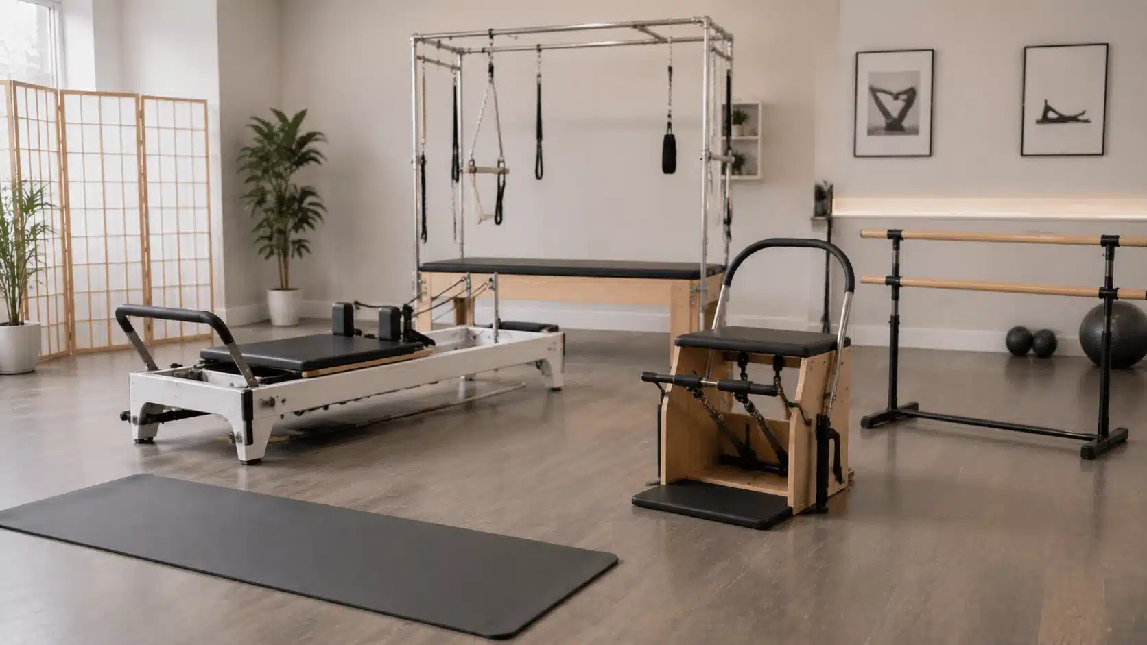Pilates studio equipment including reformer, Cadillac, Wunda Chair, barre, and mat arranged in a clean modern space.