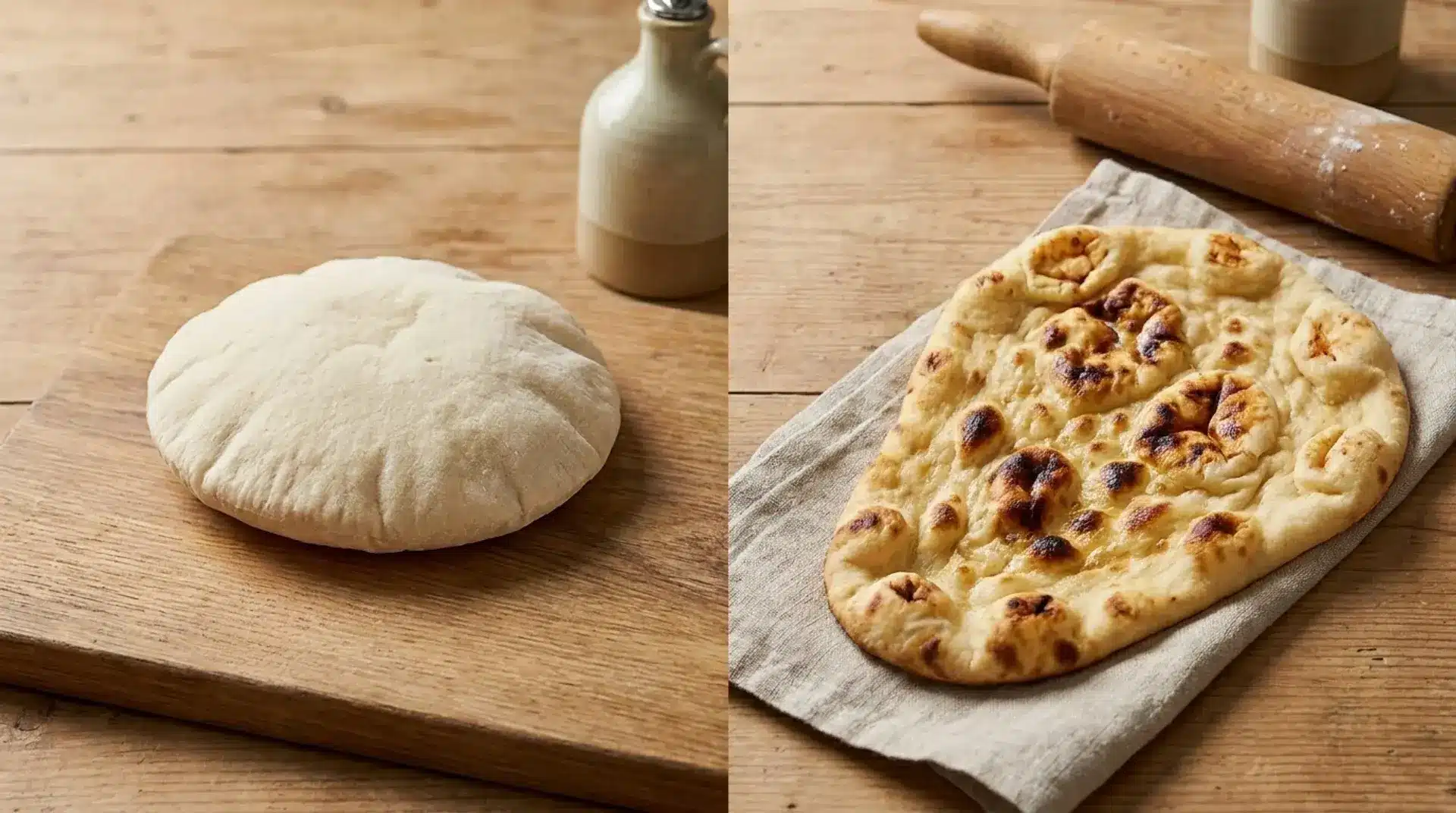 Pita bread and naan comparison showing differences in texture, shape, and ingredients.