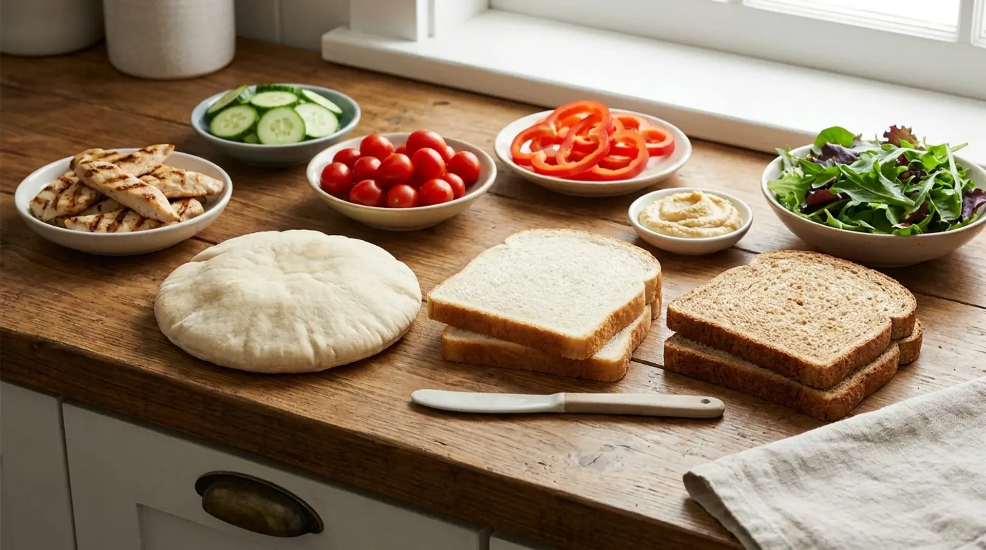 Pita bread compared with white and whole wheat sandwich bread with healthy fillings.