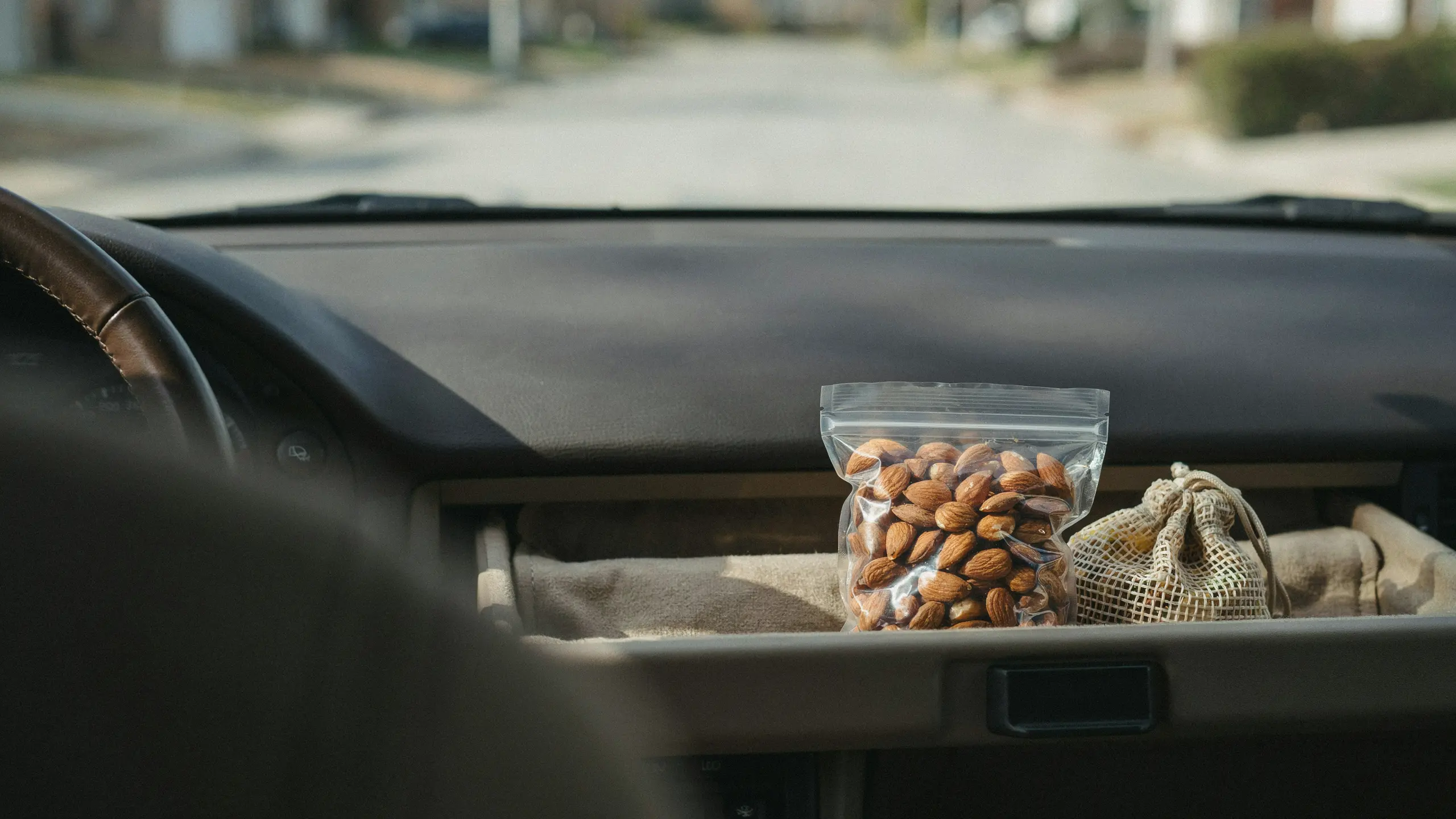 Portioned almonds packed as a healthy high-fiber road trip snack.