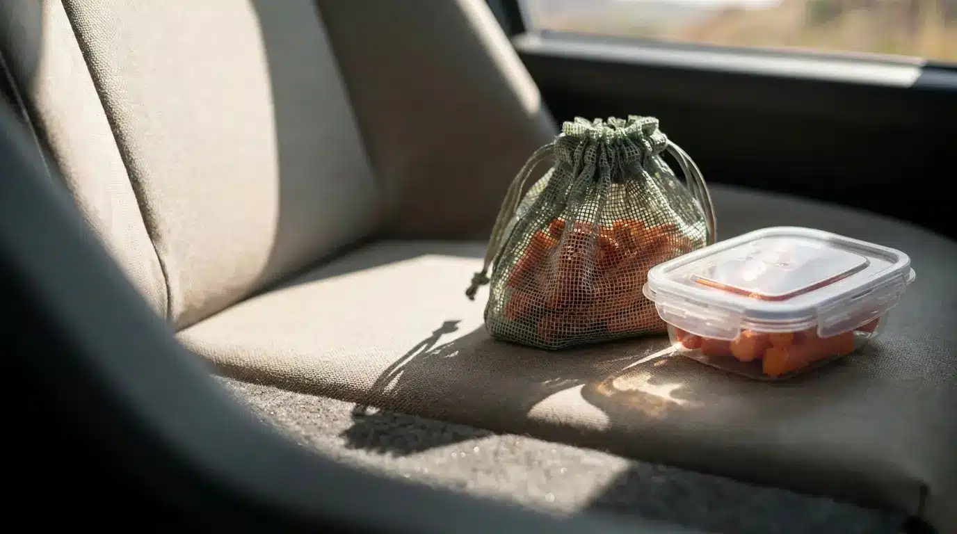 Portioned baby carrots packed as a crunchy healthy road trip snack.