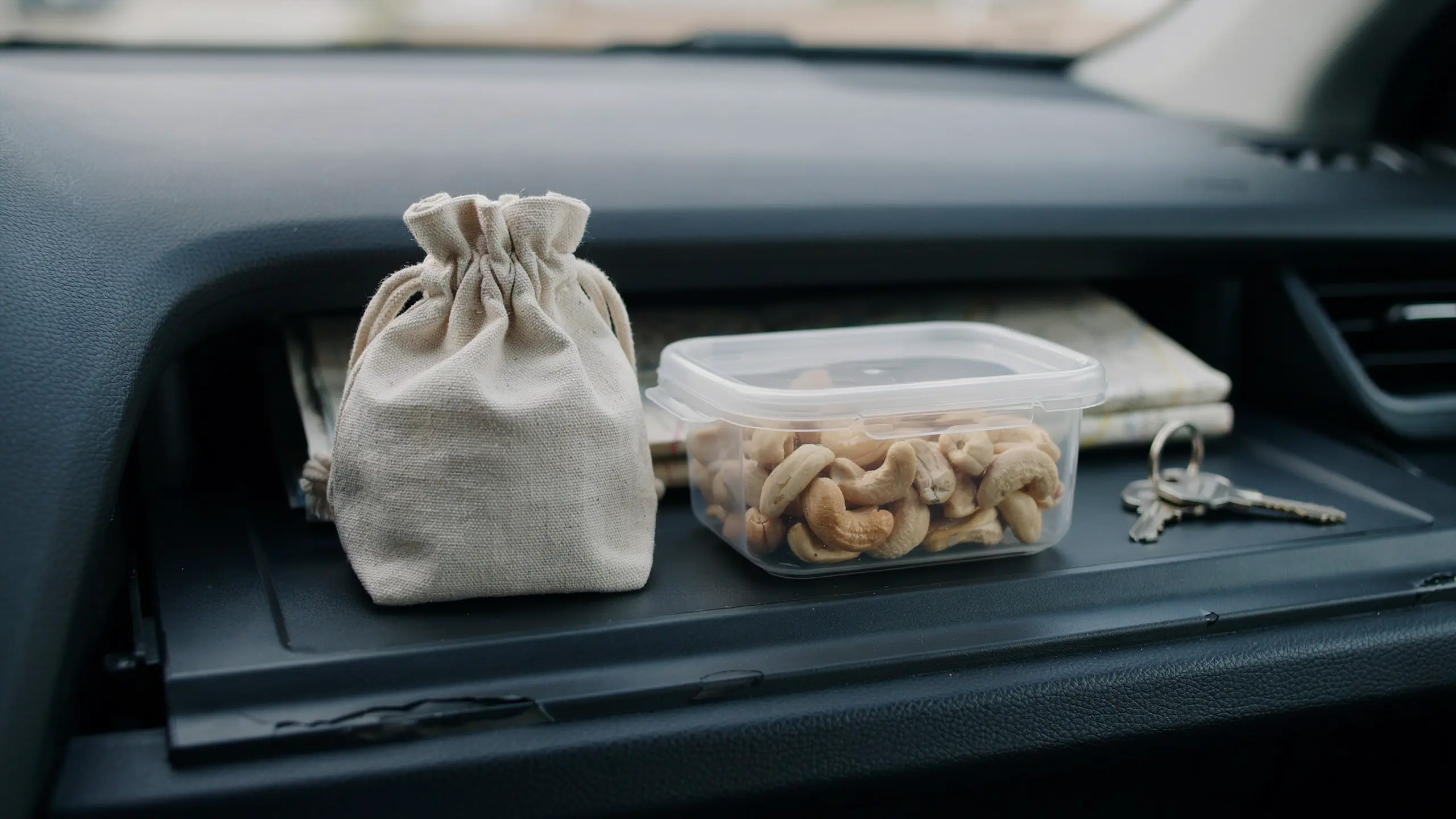 Portioned cashews and trail mix packed as a healthy road trip snack.