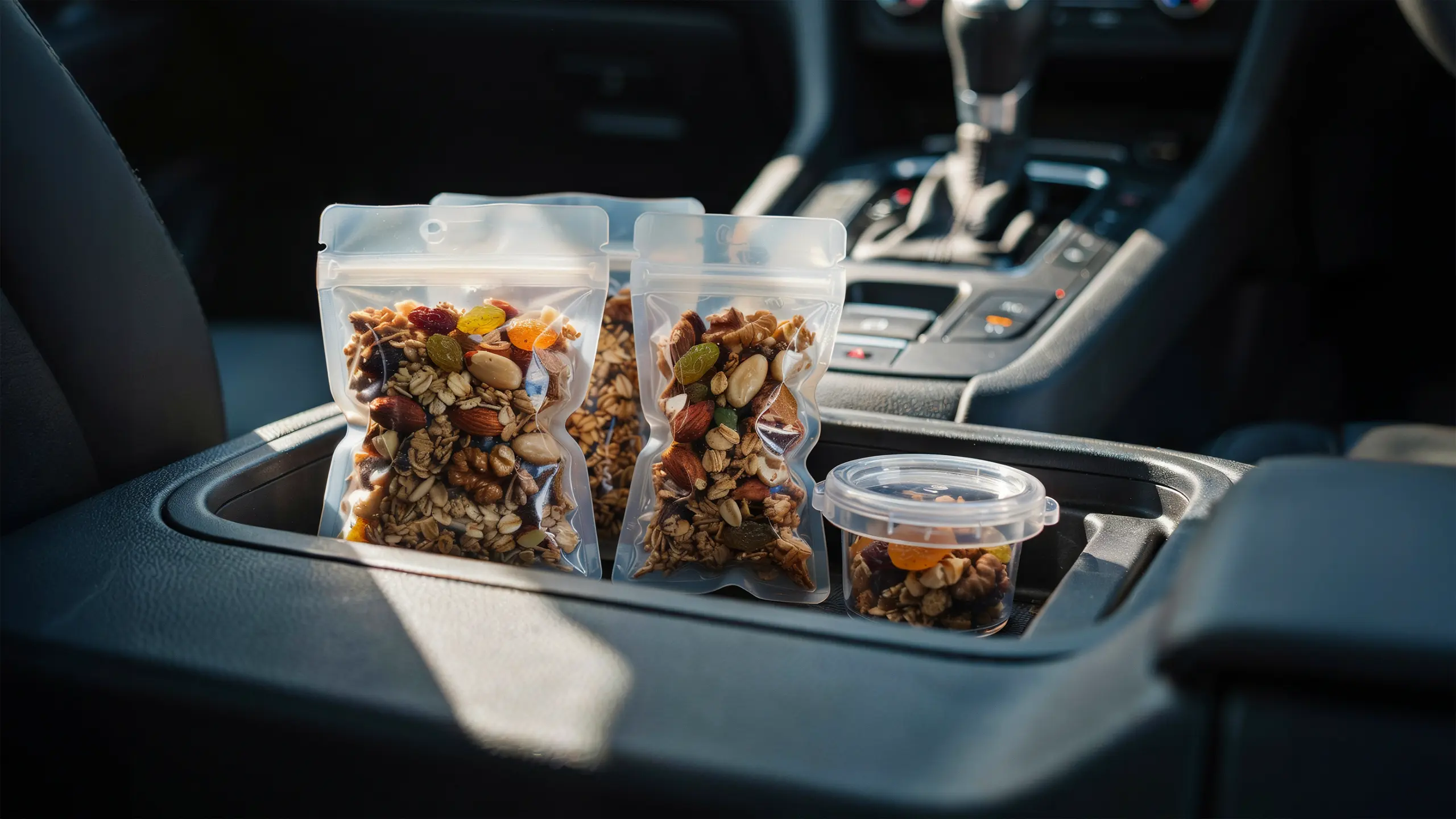 Portioned granola bags packed as a fiber-rich healthy road trip snack.