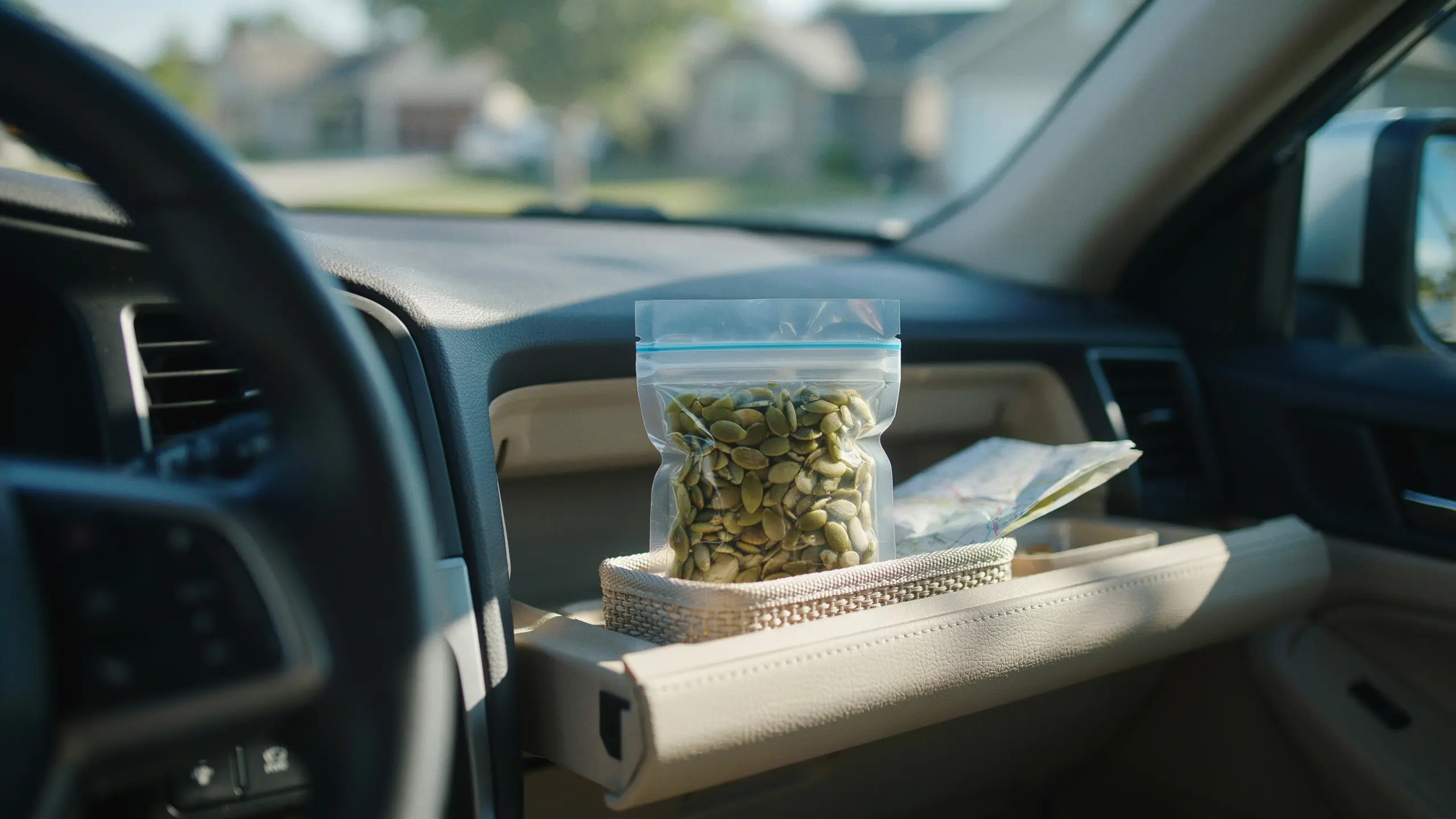 Portioned pumpkin seeds packed as a healthy magnesium-rich road trip snack.