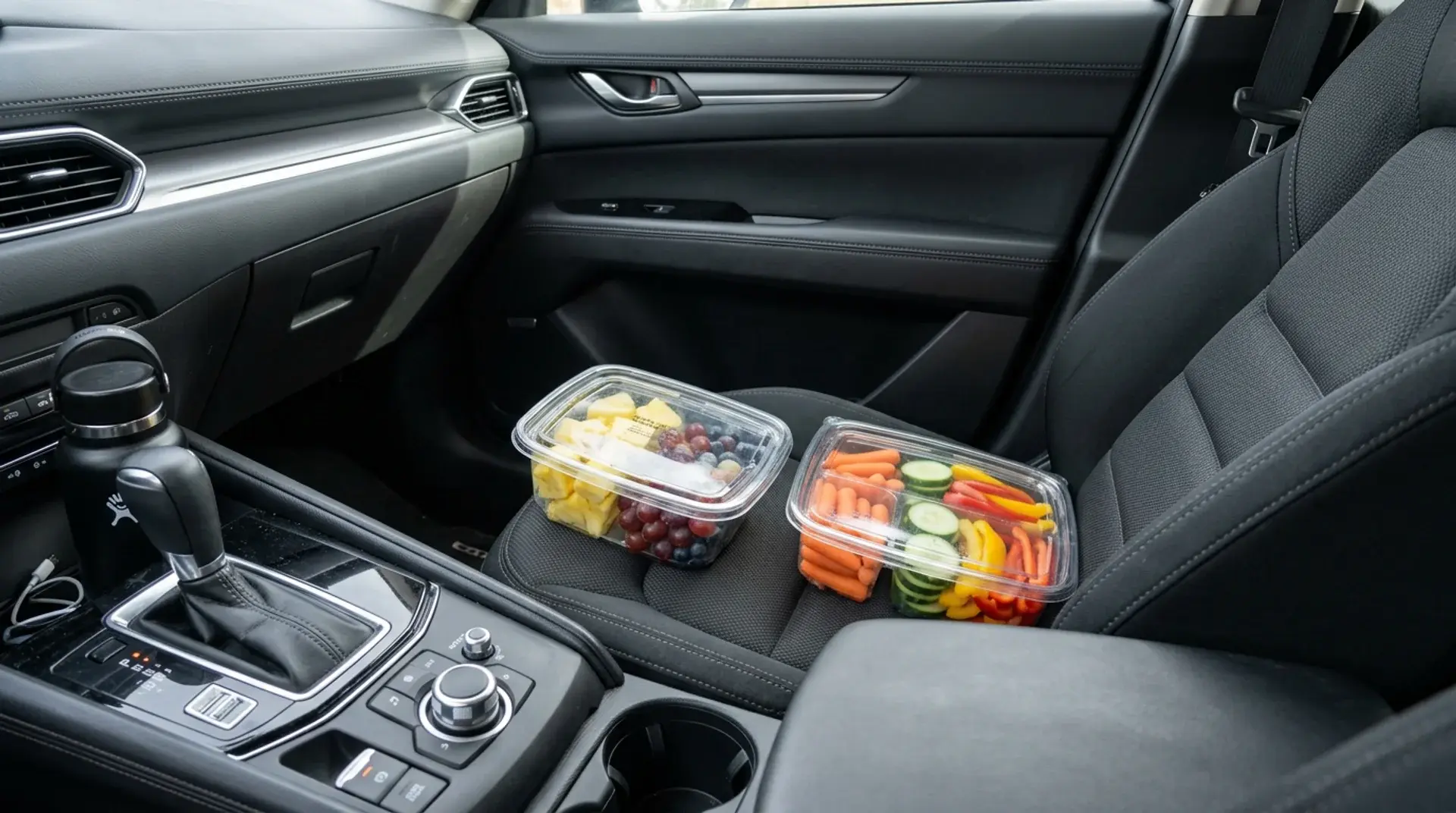 Pre-cut fruit and veggie packs ready for a healthy road trip snack.