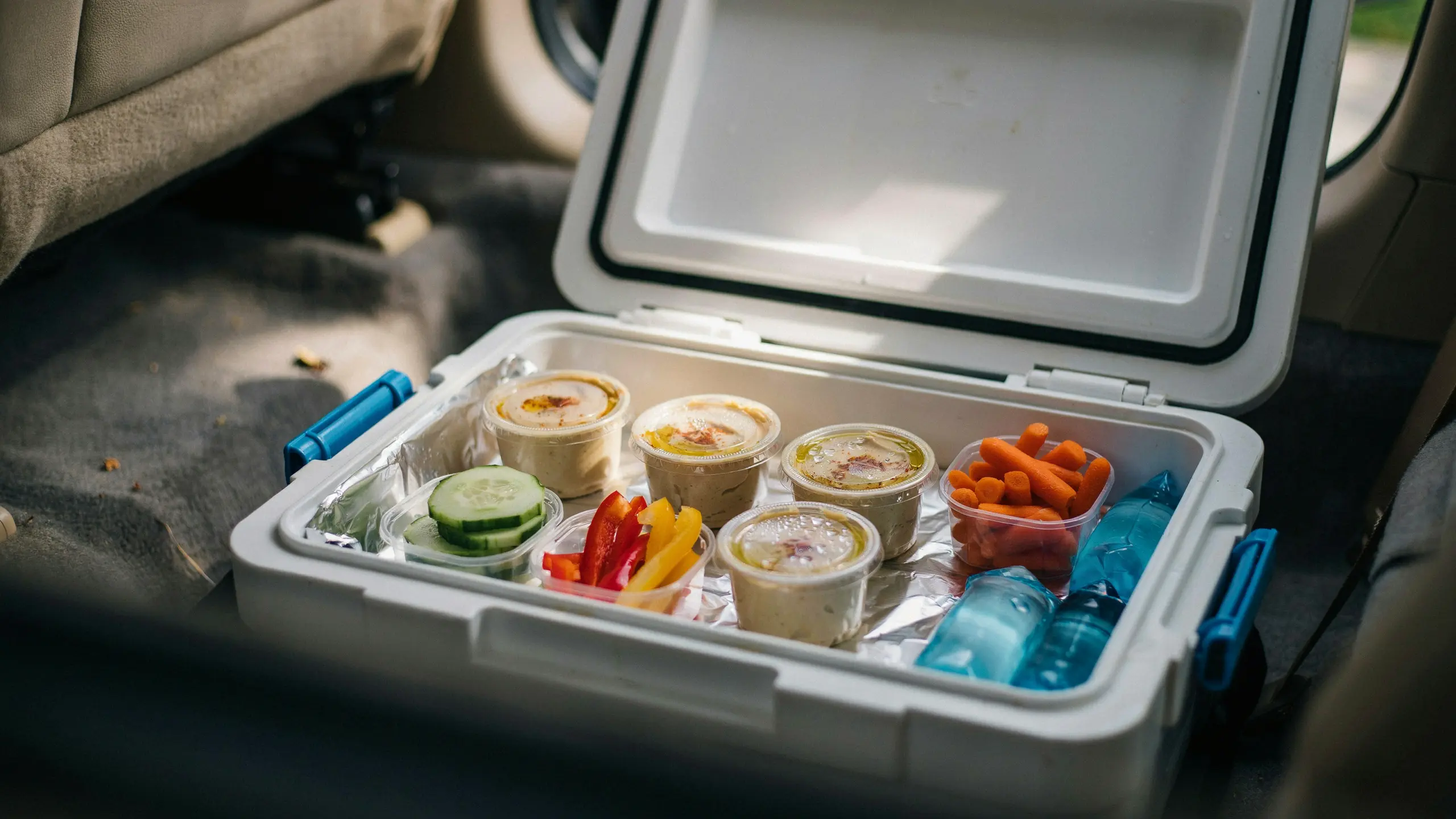 Pre-portioned hummus cups with vegetables stored for a healthy road trip snack.