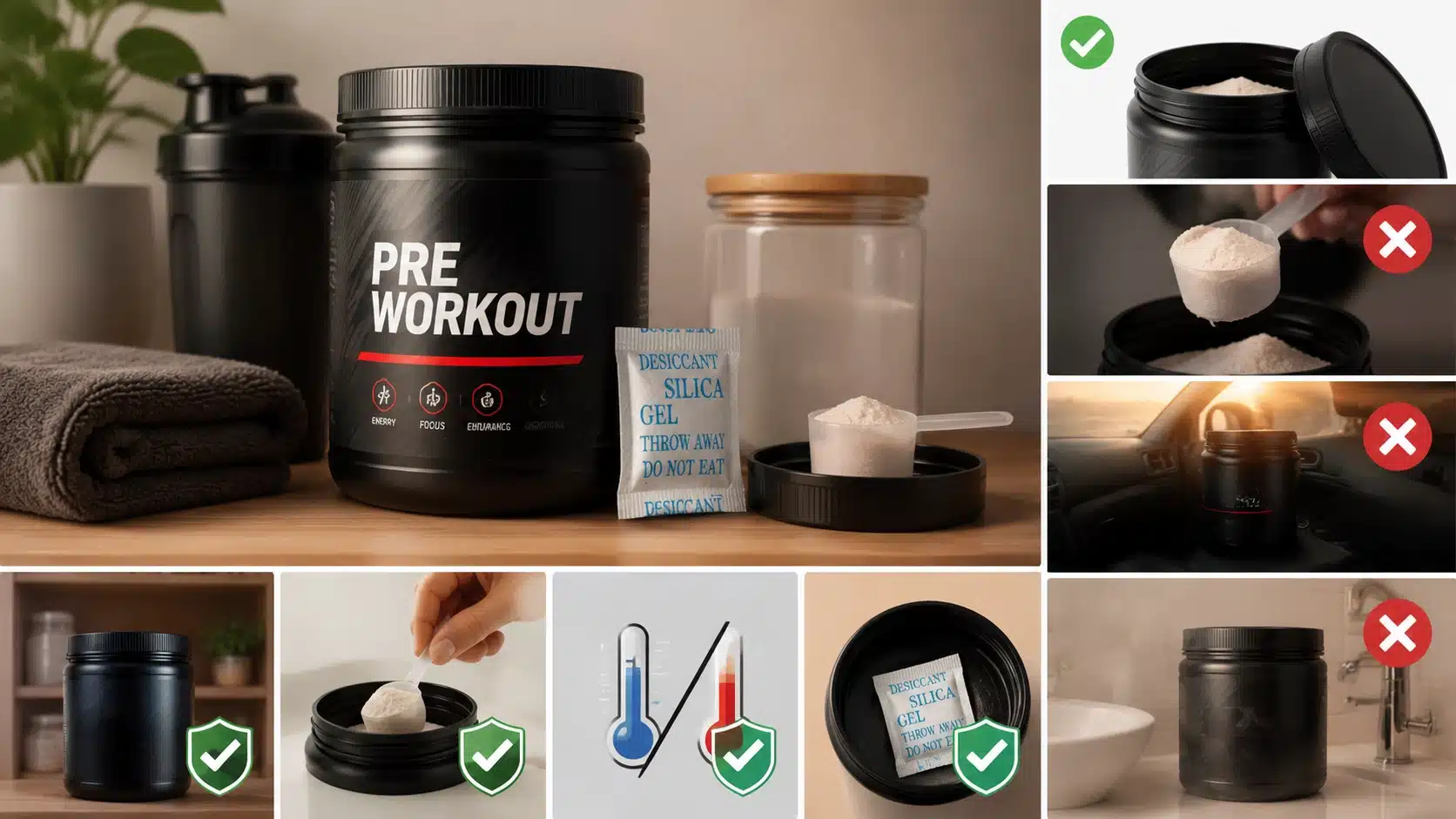 Pre-workout container stored correctly in a dry place with sealed lid and moisture protection tips.