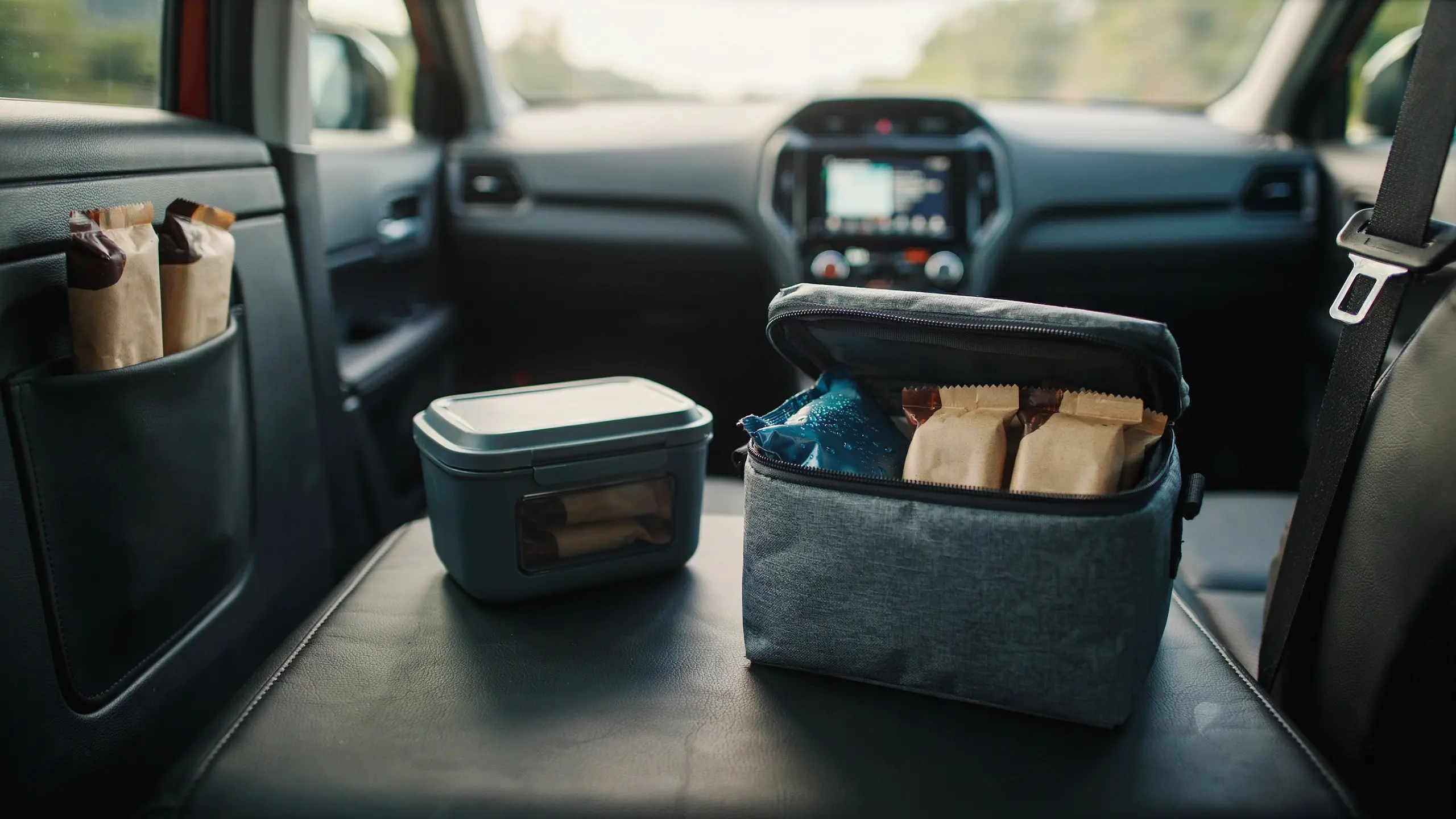 Protein bars stored for a convenient high-protein road trip snack.