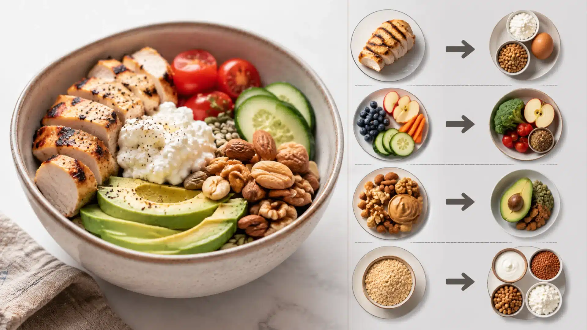 Protein snack bowl with chicken, cottage cheese, avocado, vegetables, nuts, and balanced snack-building ingredients.