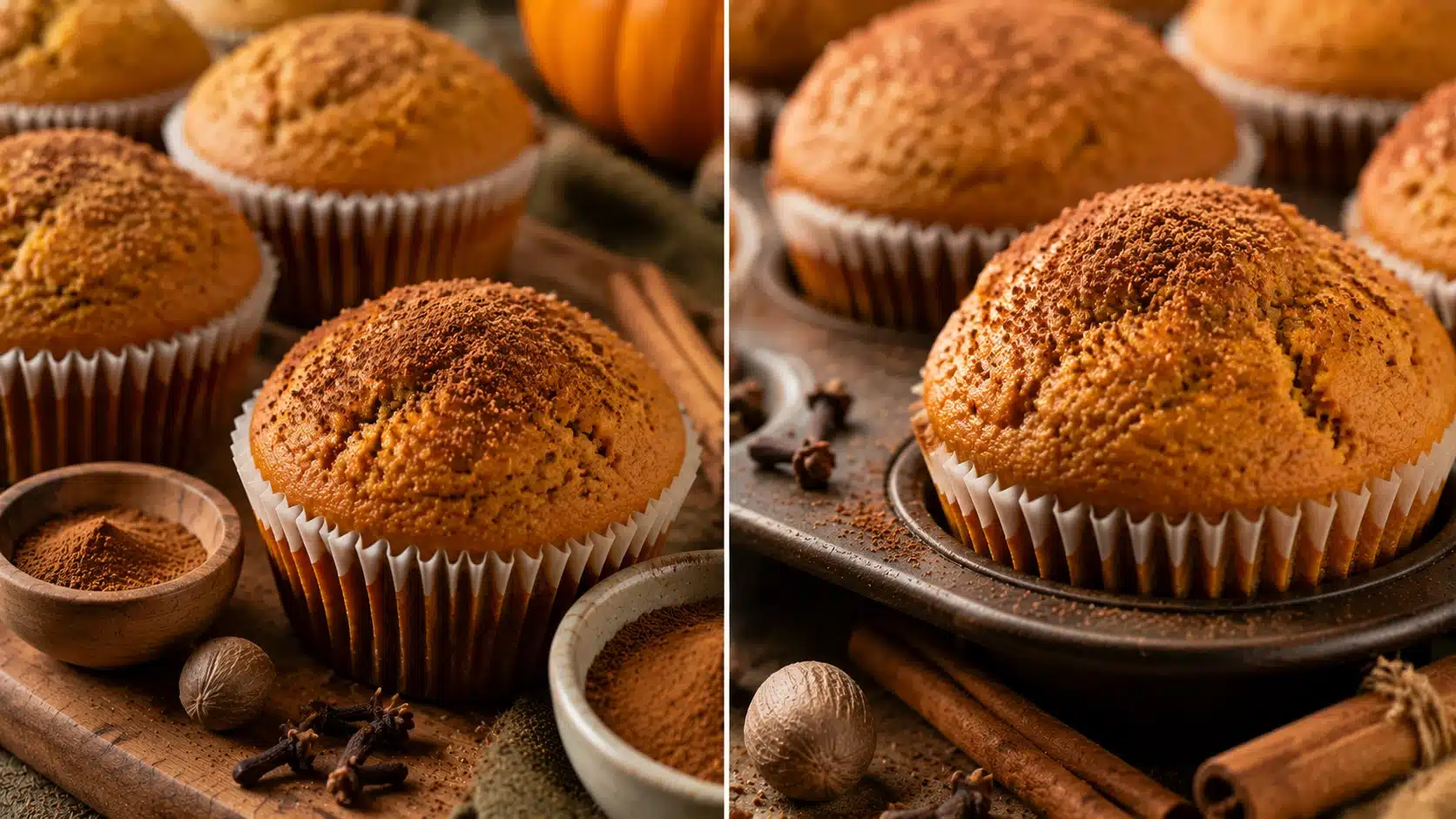 Pumpkin muffins with cinnamon, nutmeg, ginger, cloves, and allspice ingredients for a warm fall baking flavor