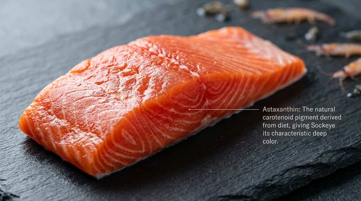 Raw sockeye salmon showing its deep red-orange color with an astaxanthin nutrient callout.