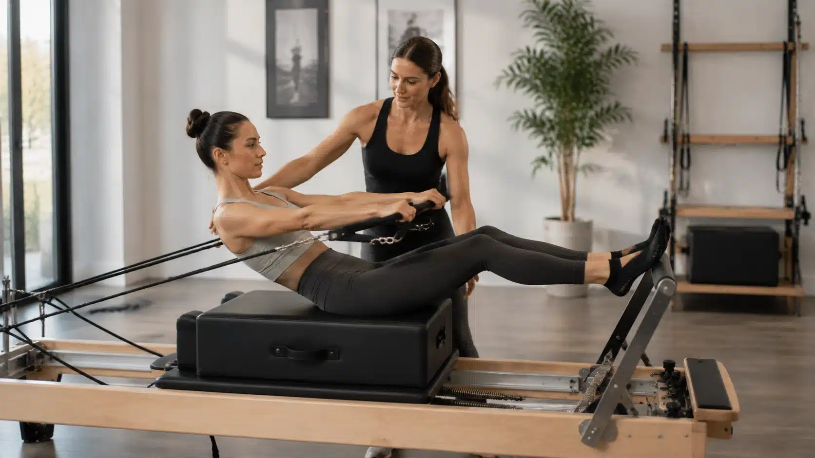 Reformer Pilates workout with a person using a spring-based machine while an instructor provides guidance in a modern studio.