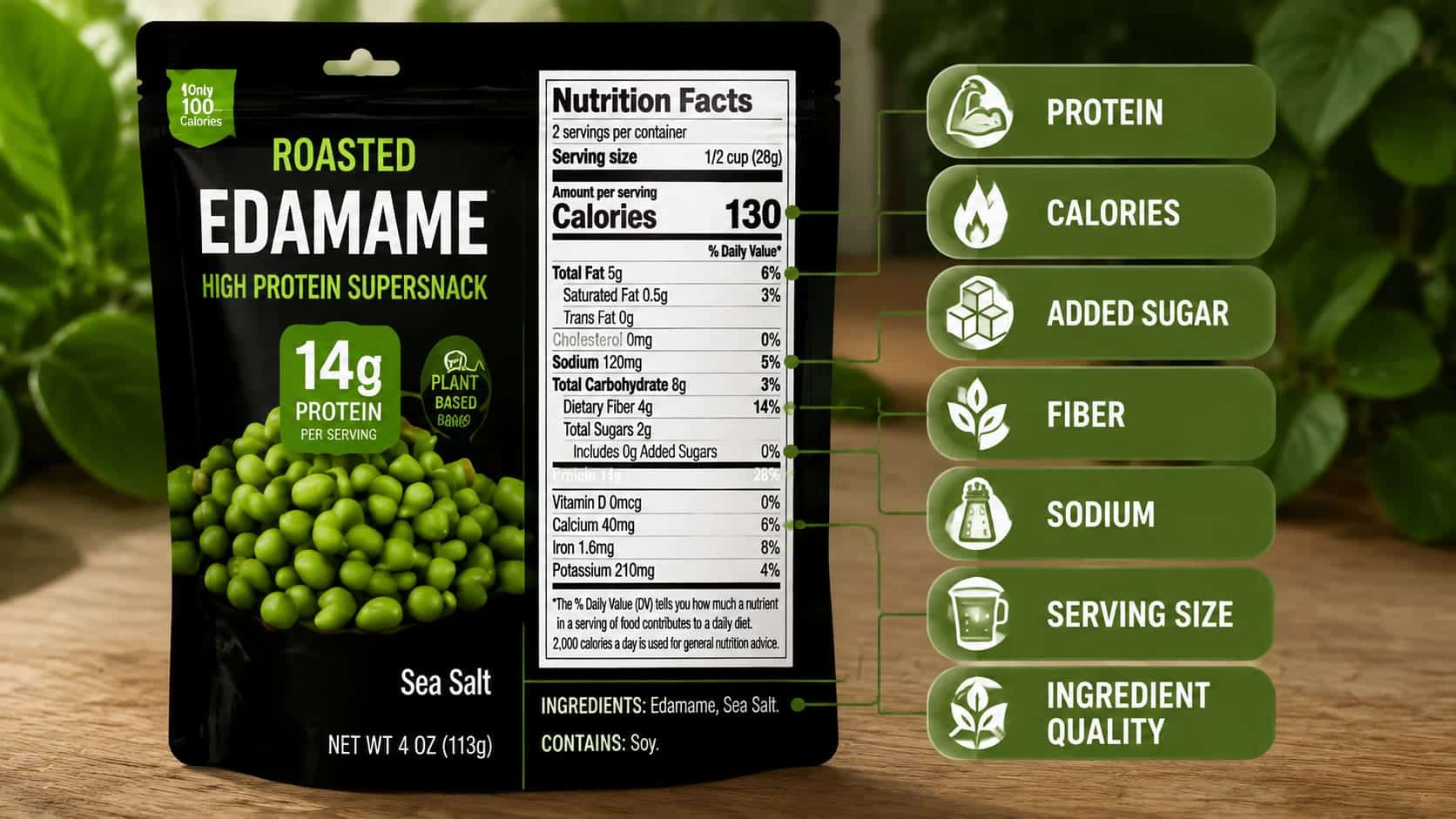 Roasted edamame high protein snack package with nutrition facts label highlighting protein, calories, sugar, fiber, sodium, and ingredients.