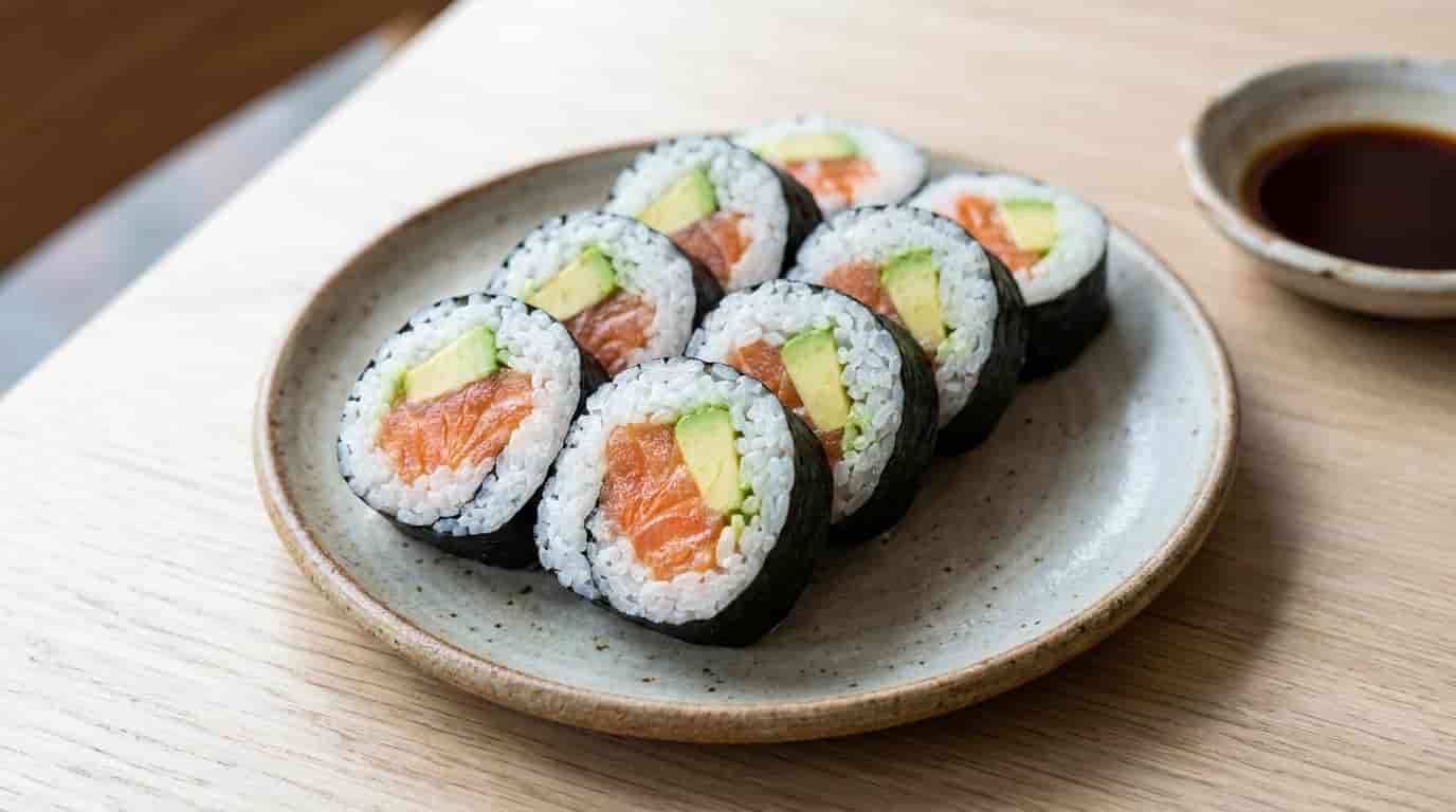 Salmon avocado sushi roll pieces with fresh salmon, avocado, rice, and nori on a plate.