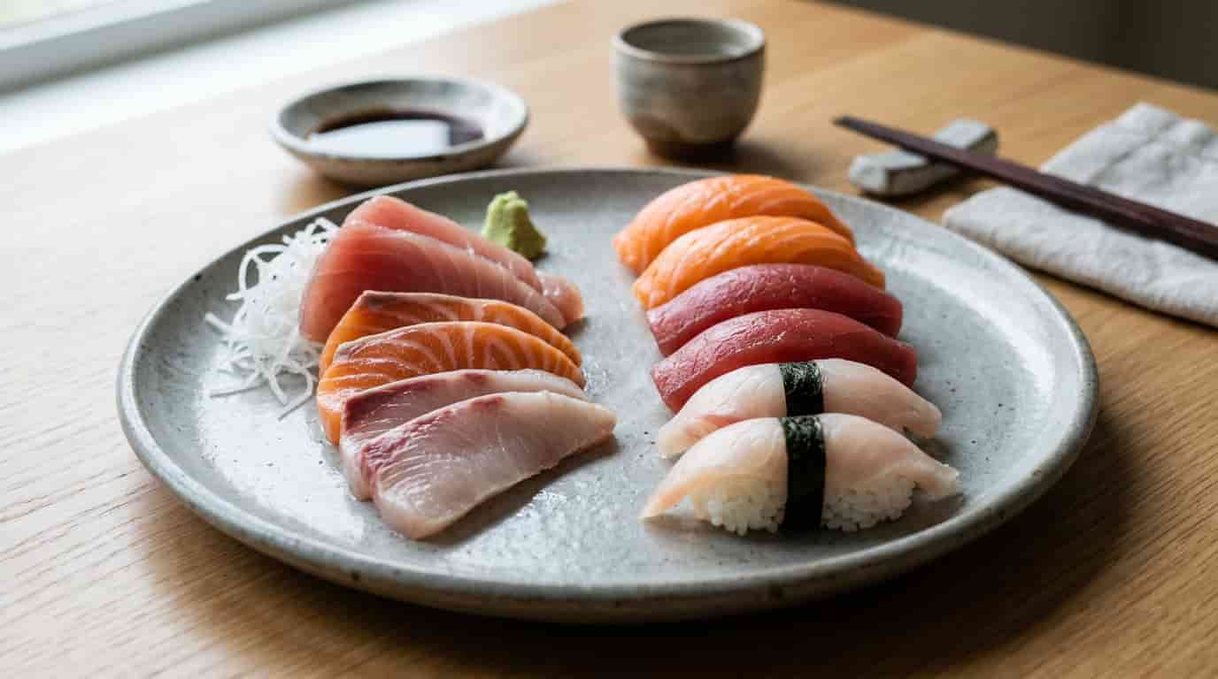 Sashimi slices and nigiri pieces with fresh fish and small portions of sushi rice.
