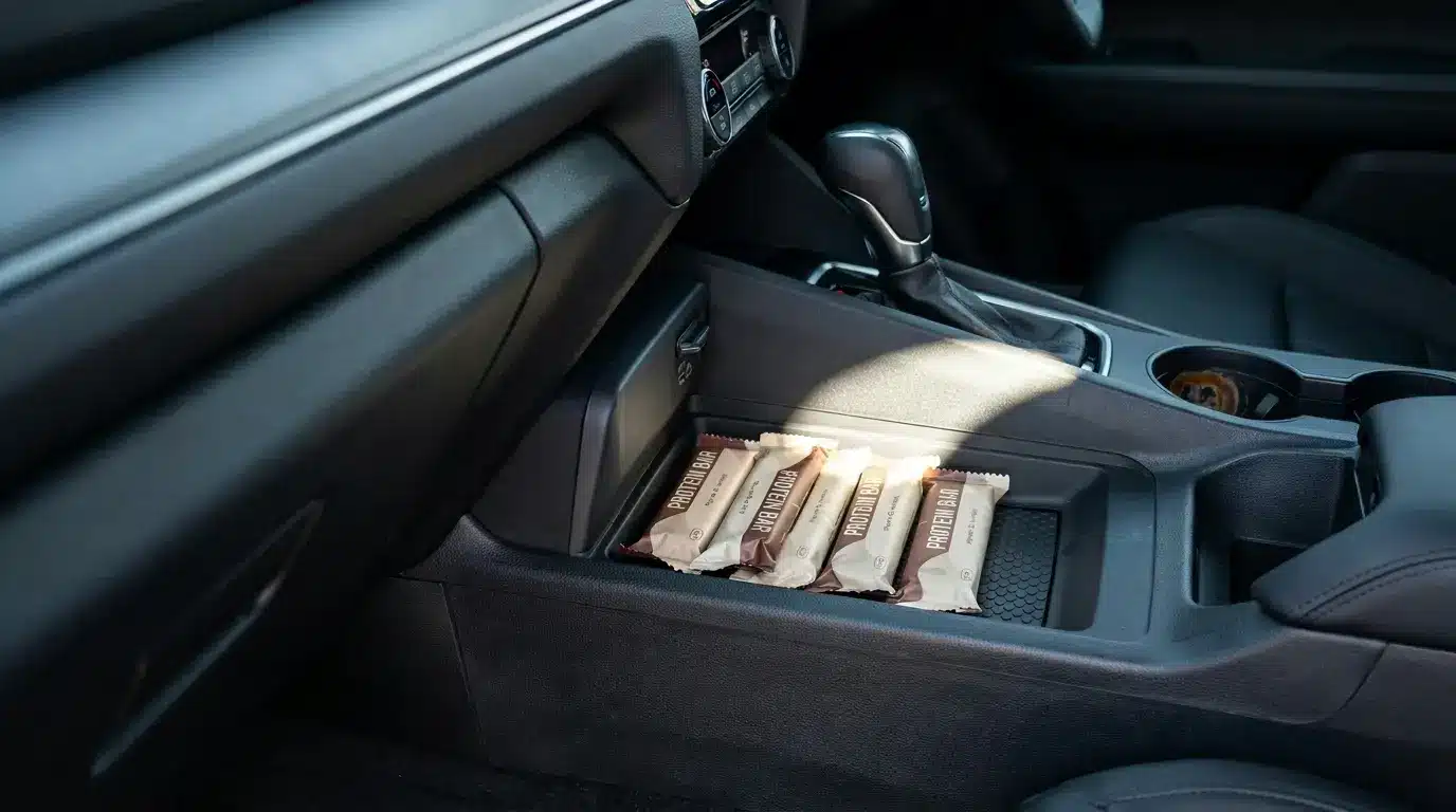 Sealed protein bars stored in a car as a healthy road trip snack.
