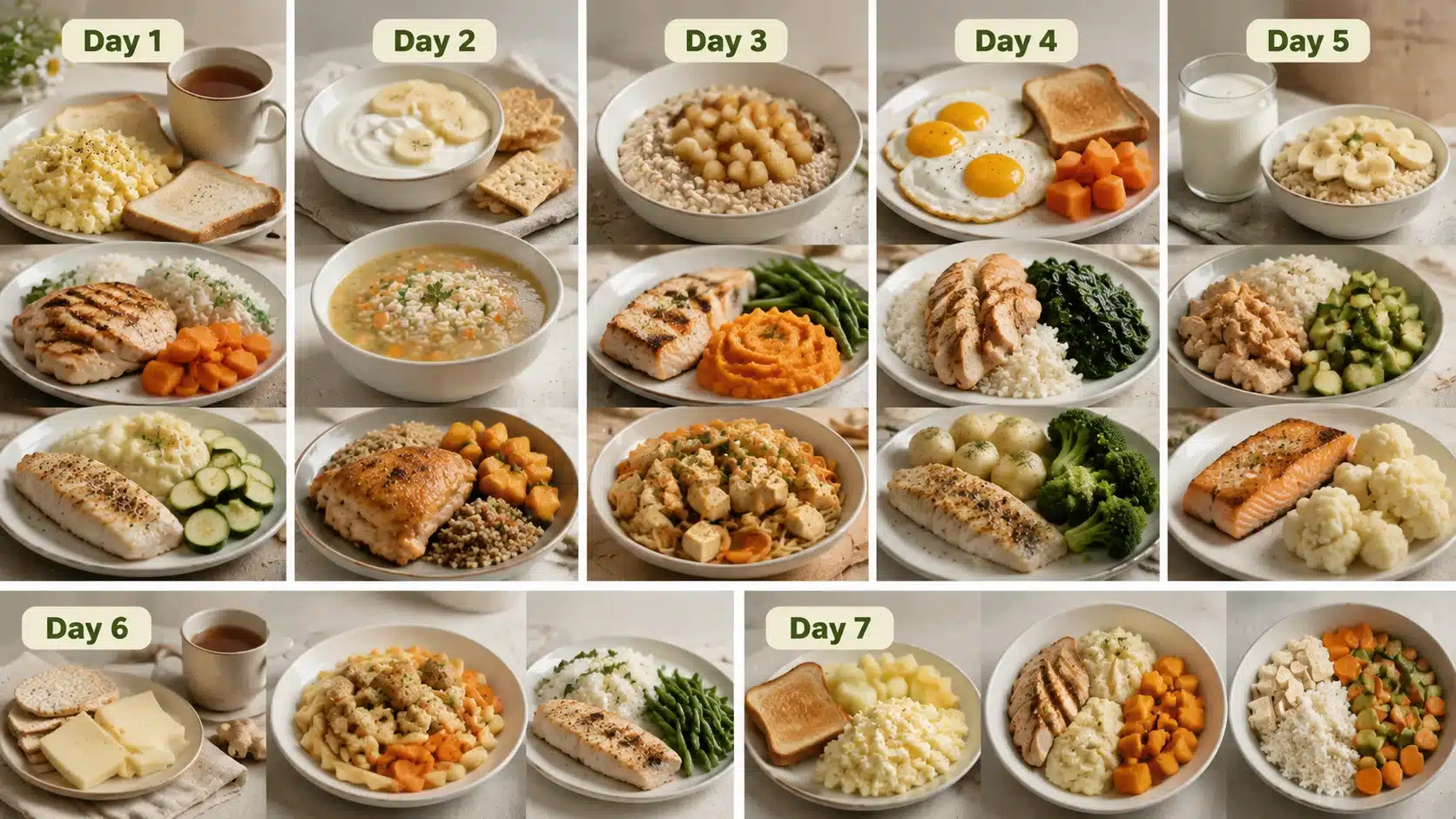 Seven-day H. pylori diet menu showing gentle meals with eggs, rice, chicken, fish, vegetables, yogurt, and easy-to-digest foods.