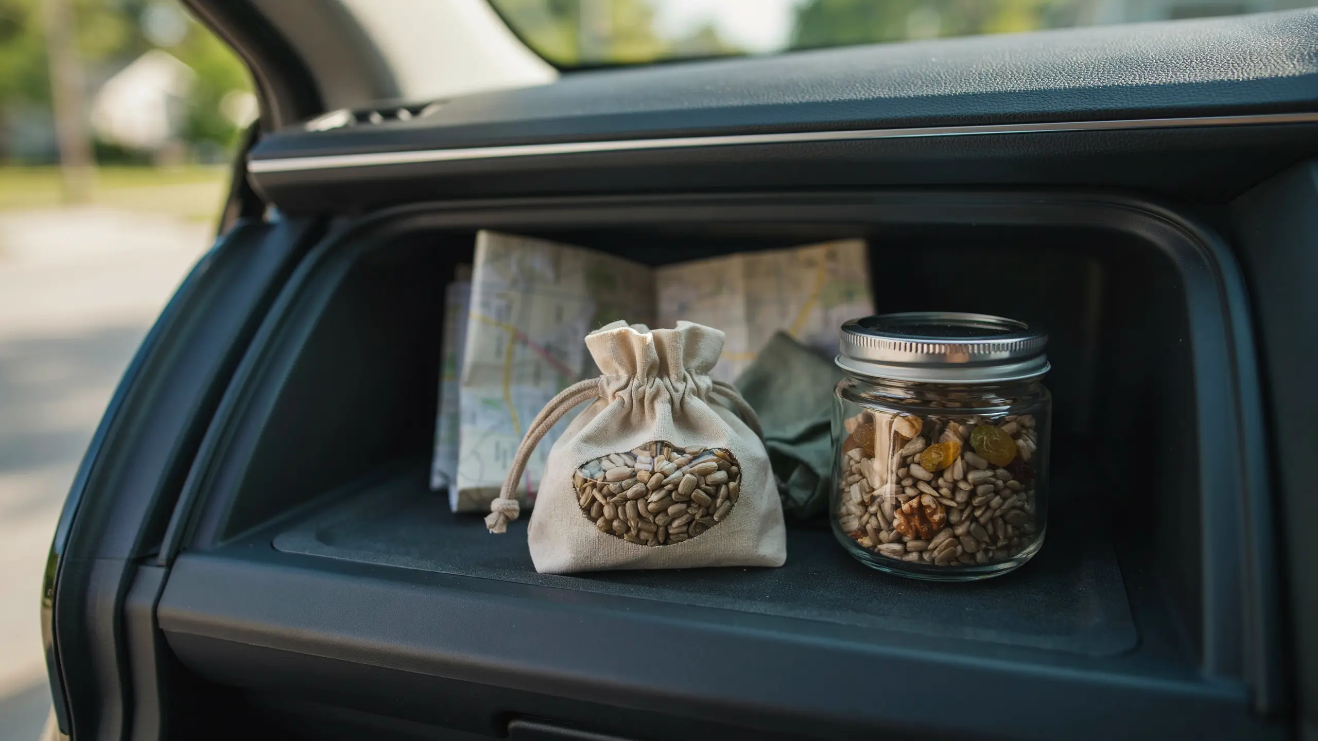 Shelled sunflower seeds packed as a low-mess healthy road trip snack.