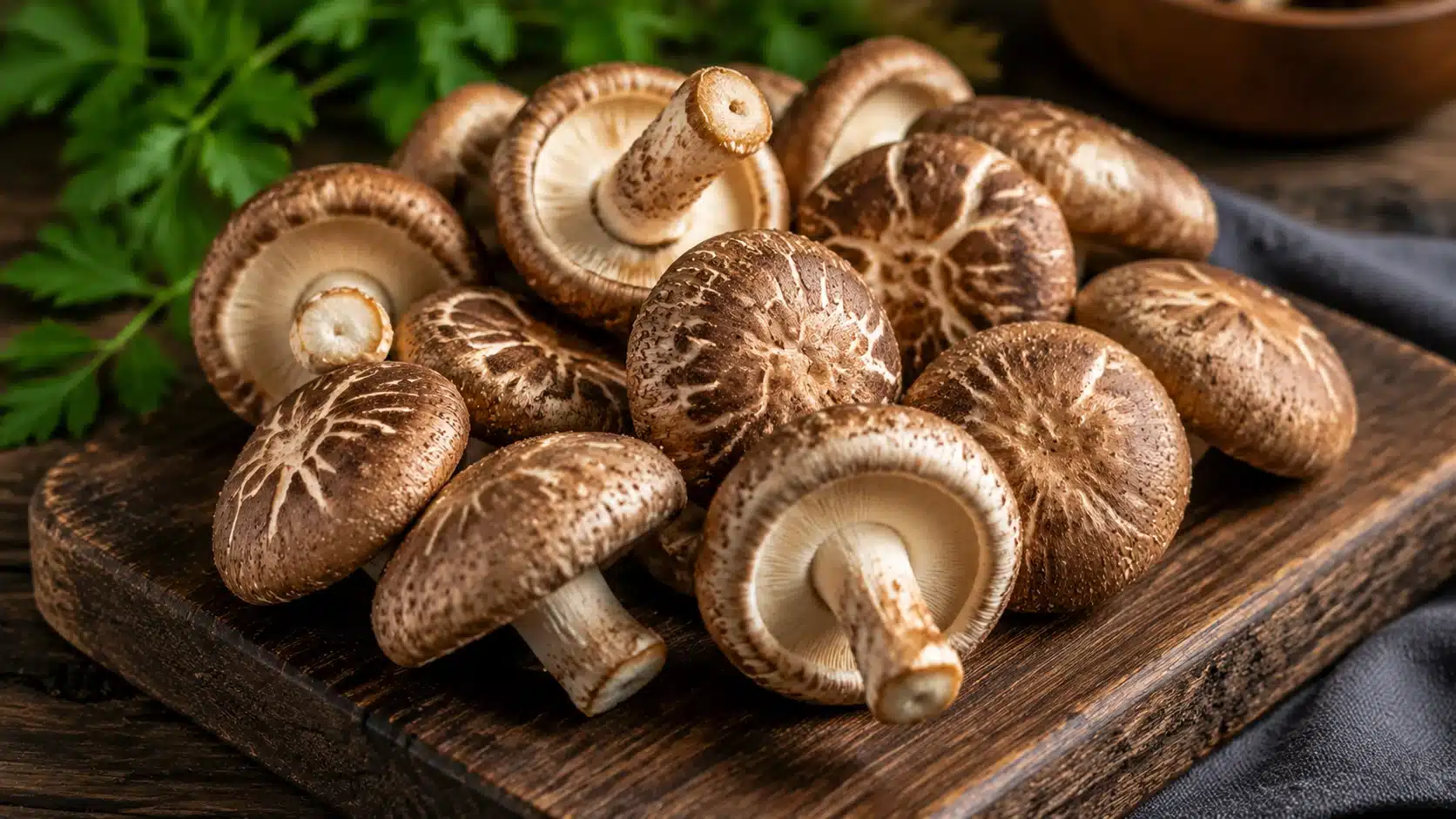 Shiitake mushrooms with a rich umami flavor shown as a flavorful low-carb keto diet ingredient.