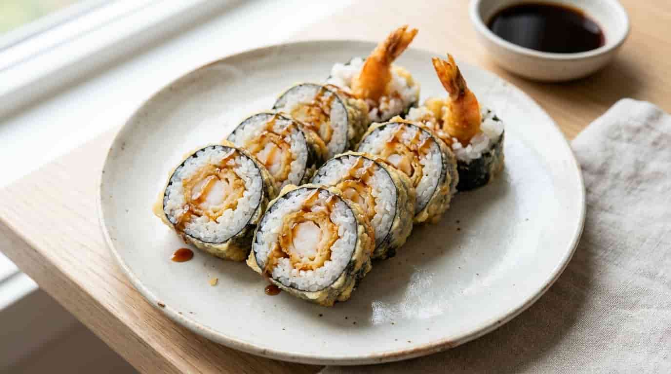 Shrimp tempura sushi roll pieces with crispy shrimp, rice, nori, and sauce on a plate.