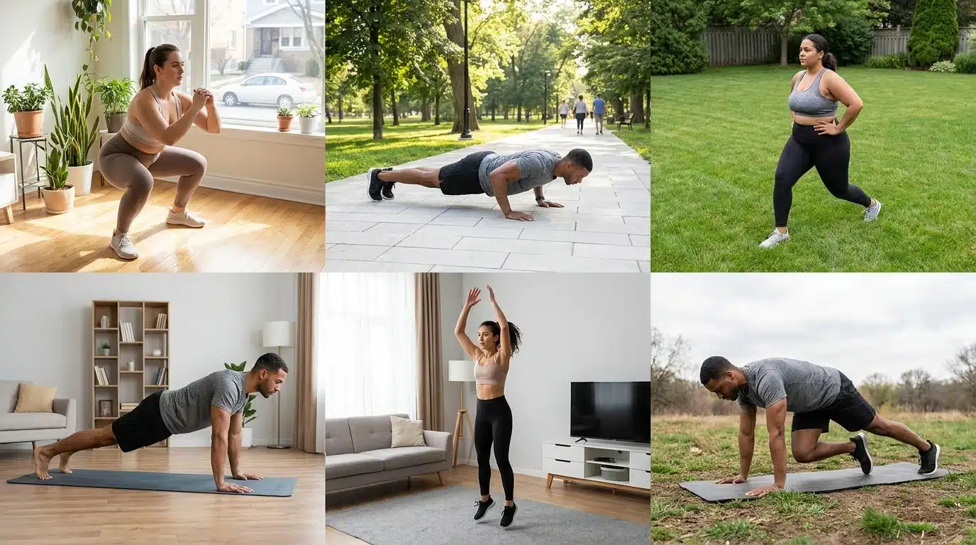 Six-panel collage showing people performing equipment-free calisthenics exercises including squats, push-ups, lunges, planks, and mountain climbers.