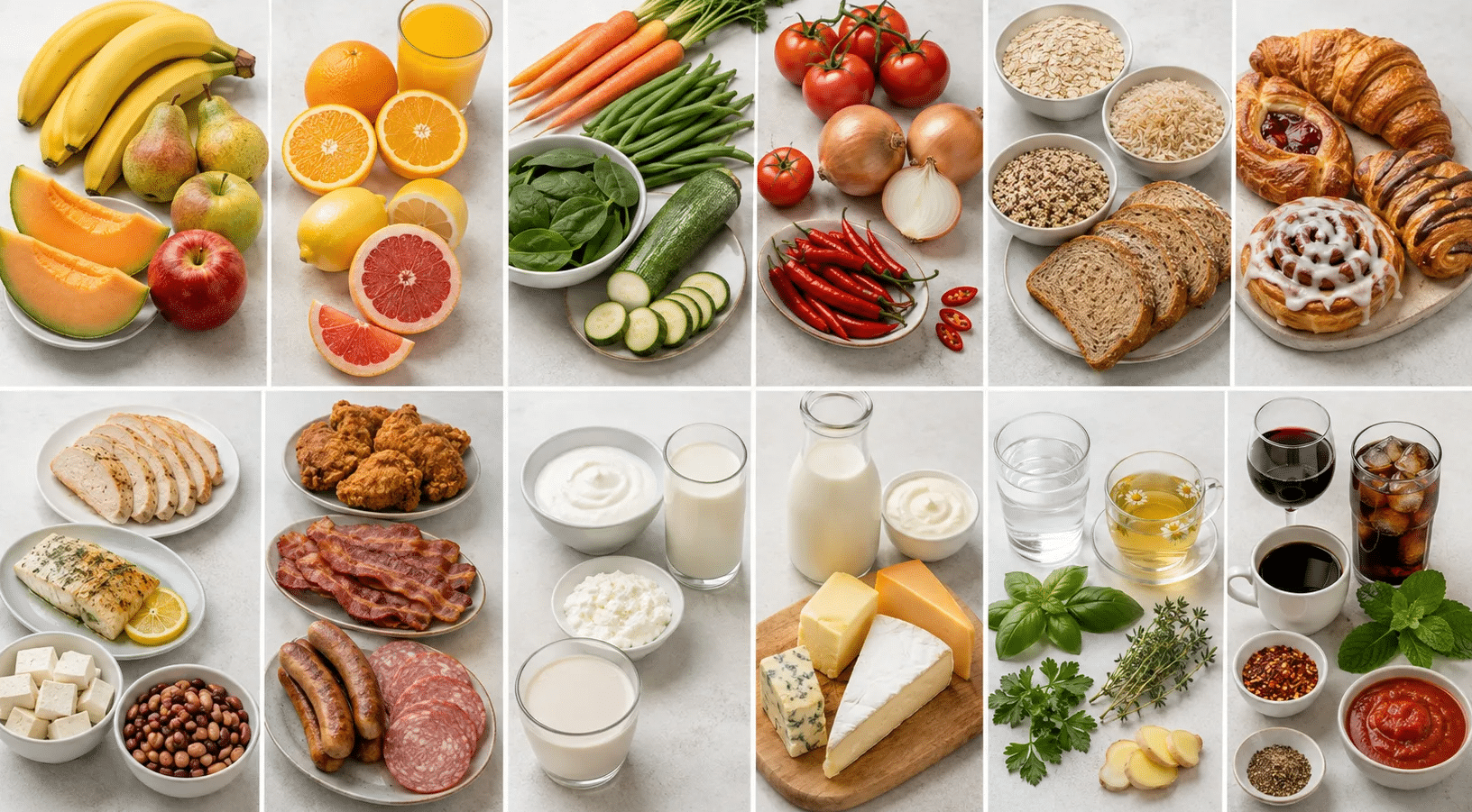 Six-panel comparison of GERD-friendly foods and possible triggers, including fruits, vegetables, grains, proteins, dairy, and drinks.