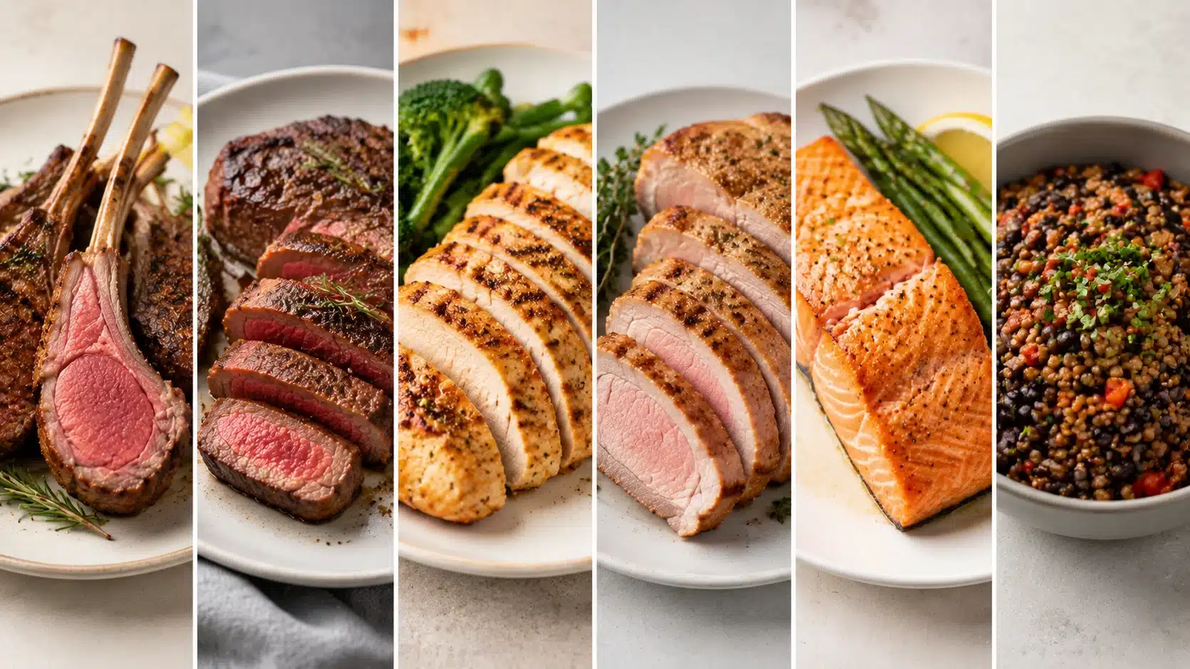 Six-panel comparison of lamb, beef, chicken, pork, fish, and plant proteins on plates.