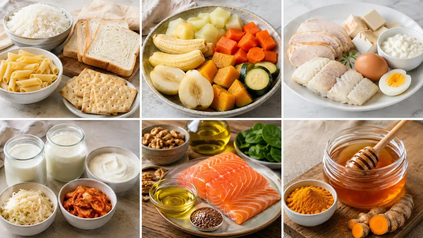 Six-panel food collage showing gentle carbohydrates, cooked fruits and vegetables, lean proteins, probiotic foods, omega-3 sources, and honey with turmeric.
