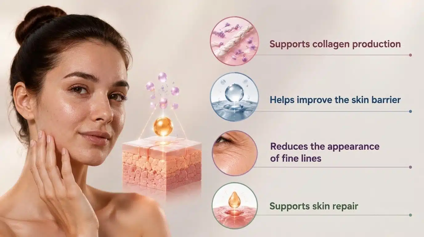 Skincare infographic showing peptide benefits including collagen support, skin barrier improvement, fine line reduction, and skin repair.