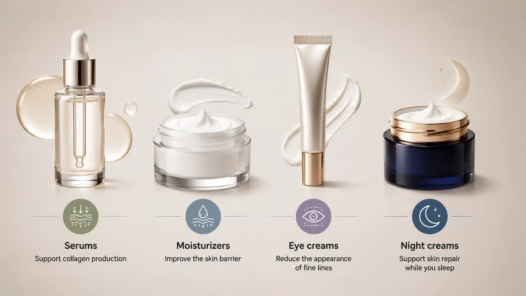 Skincare products featuring peptide serums, moisturizers, eye creams, and night creams with key skin benefits.