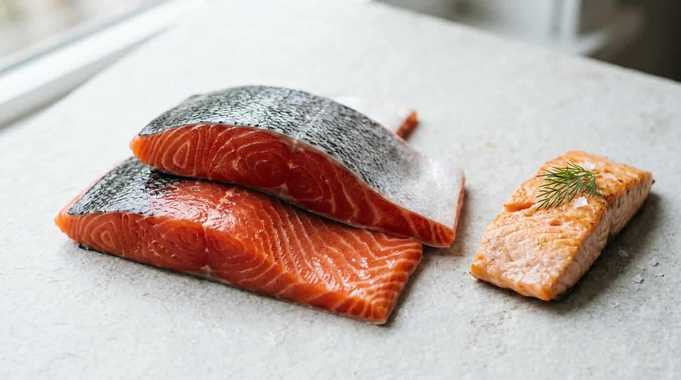 Fresh wild sockeye salmon fillets with deep red-orange flesh and a cooked portion on a light stone surface.