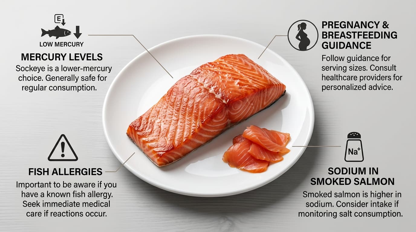 Sockeye salmon safety infographic covering mercury, pregnancy, fish allergies, and sodium in smoked salmon.