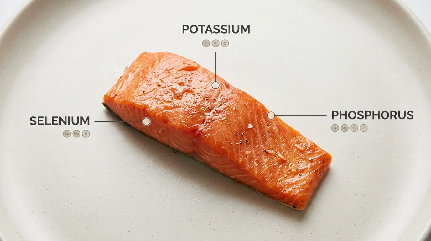 Sockeye salmon with mineral callouts for selenium, potassium, and phosphorus.