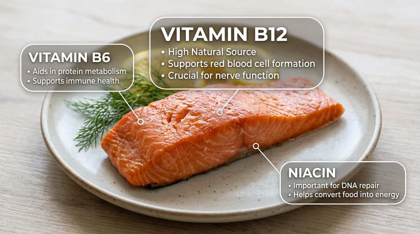 Sockeye salmon with nutrition callouts for vitamin B12, vitamin B6, and niacin.