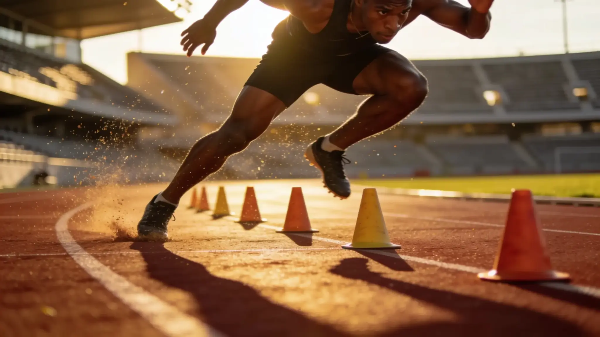 Elite athlete performing cone-based speed and agility drills on a track during sunrise, showing explosive movement and focus.