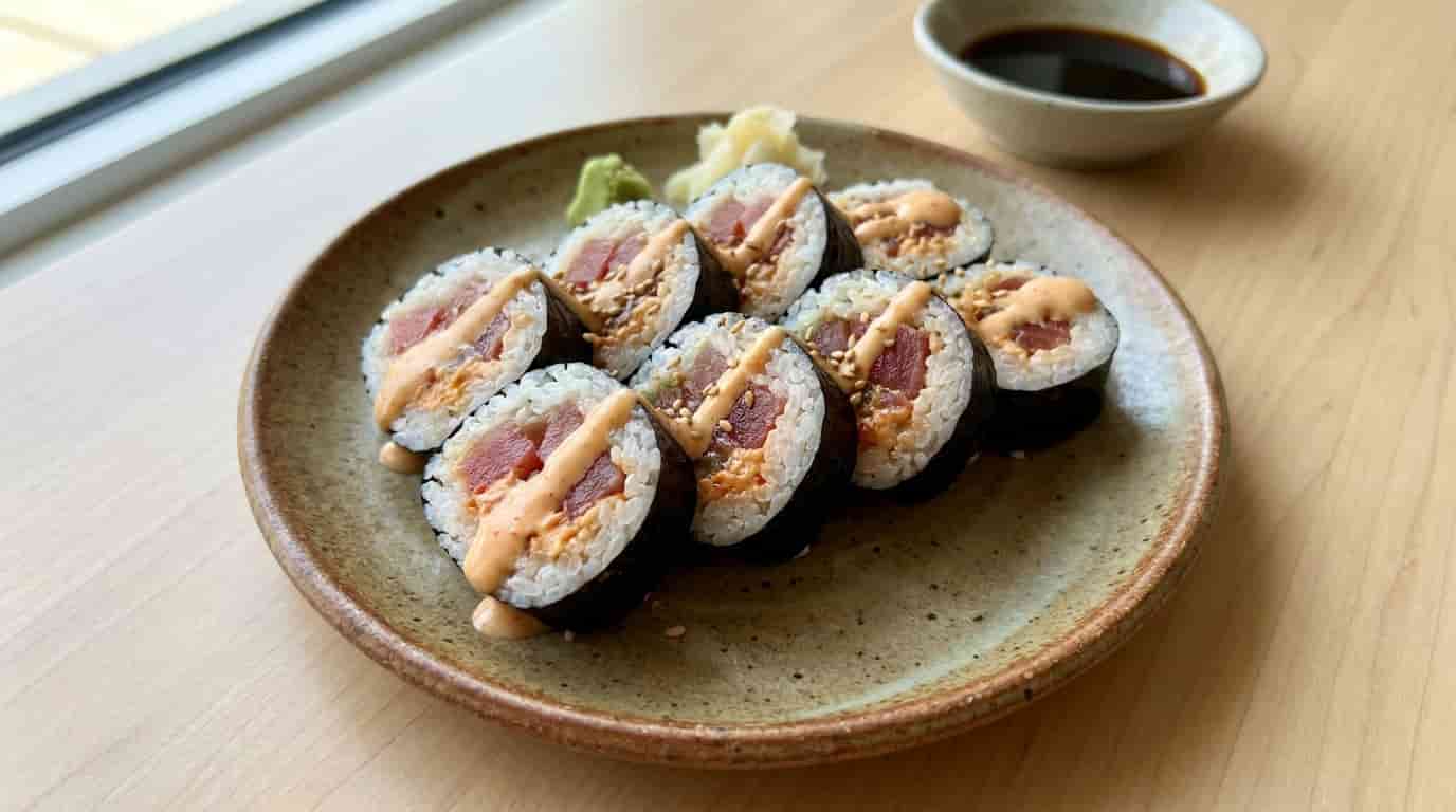 Spicy tuna sushi roll pieces with tuna, rice, nori, and spicy mayo on a plate.