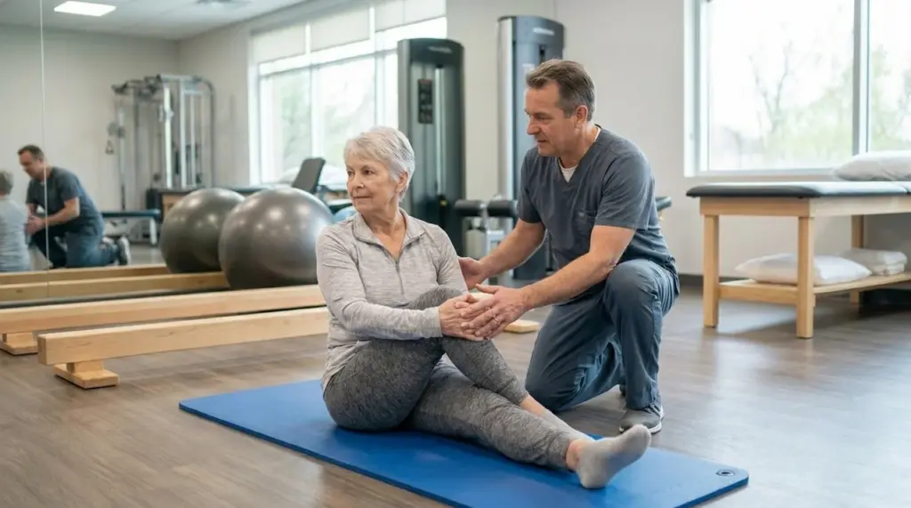 Physical therapist guiding an older woman through spinal stenosis exercises in a rehabilitation clinic.