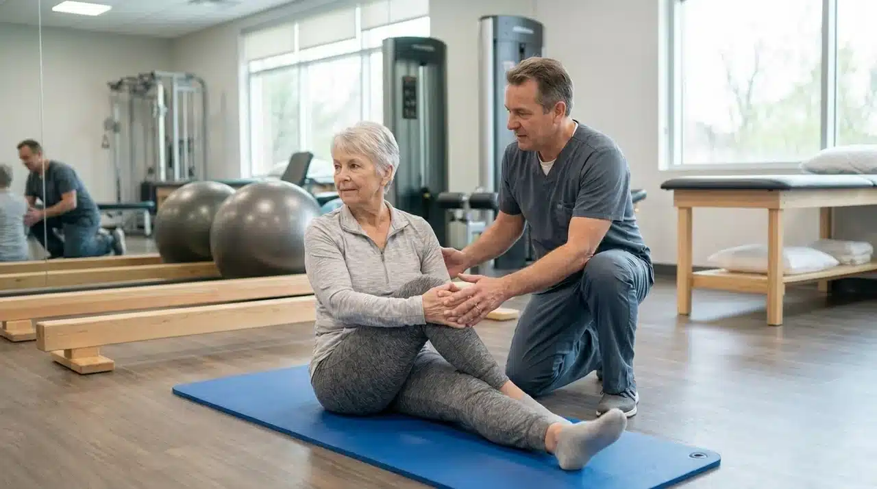 Physical therapist guiding an older woman through spinal stenosis exercises in a rehabilitation clinic.