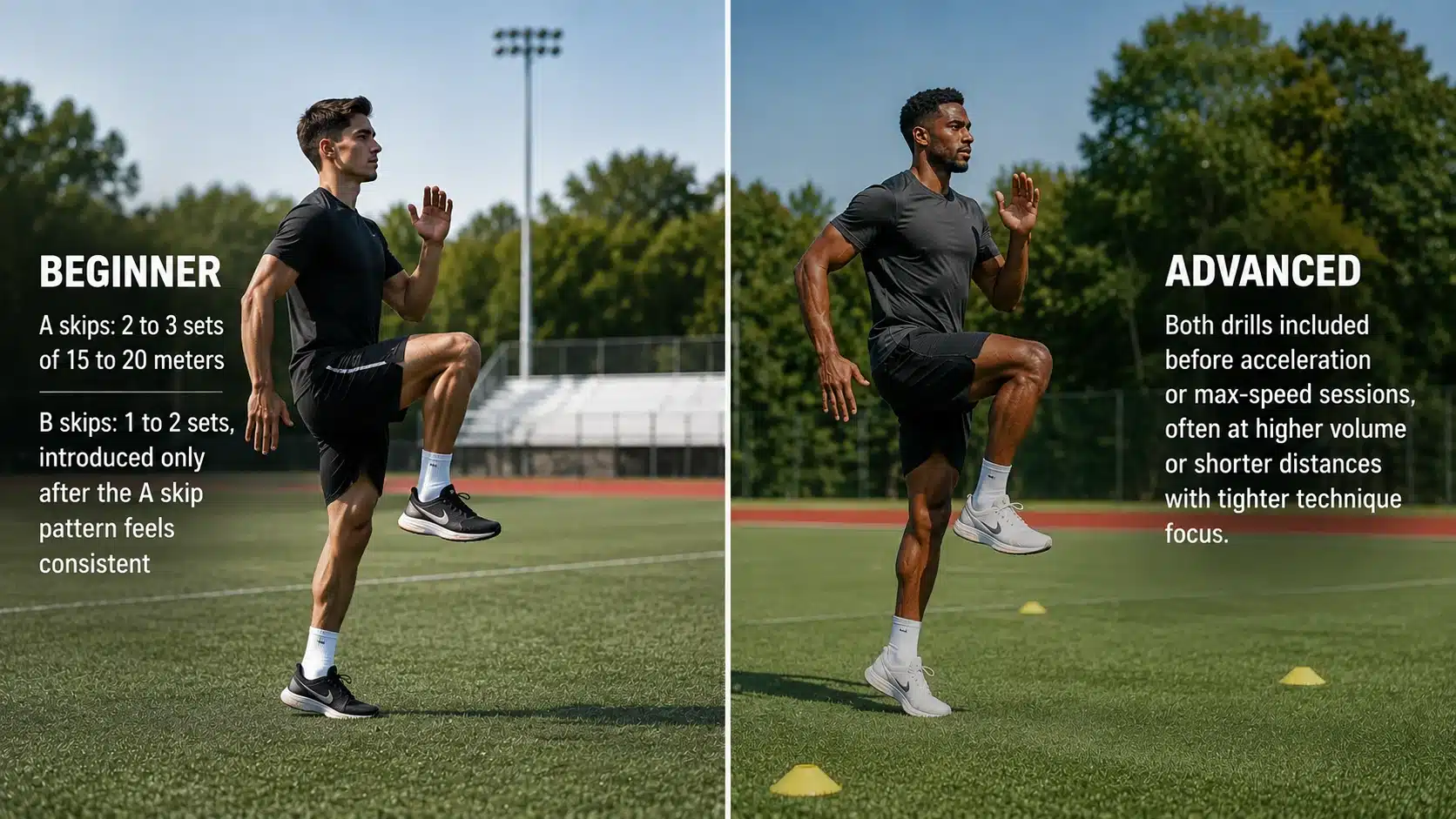 Split-panel image showing a beginner and an advanced athlete performing A and B skips during a warm-up on a running track, illustrating different training levels.